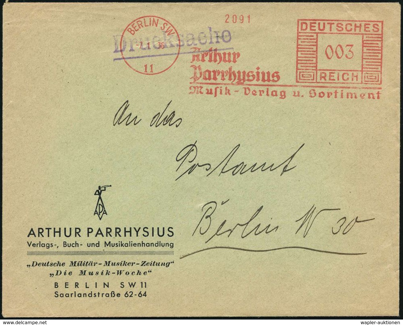 BERLIN SW/ 11/ Arthur/ Parrhysius/ Musik-Verlag U.Sortiment 1936 (7.1.) AFS Klar Auf Firmen-Bf.: ARTHUR PARRHYSIUS..  "D - Muziek