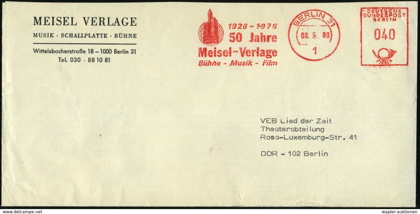 1 BERLIN 31/ ..50 Jahre/ Meisel-Verlage/ Bühne-Musik-Film 1980 (8.5.) Jubil.-AFS (Logo Mit Hochhäusern) Firmen-Orts-Bf.  - Música