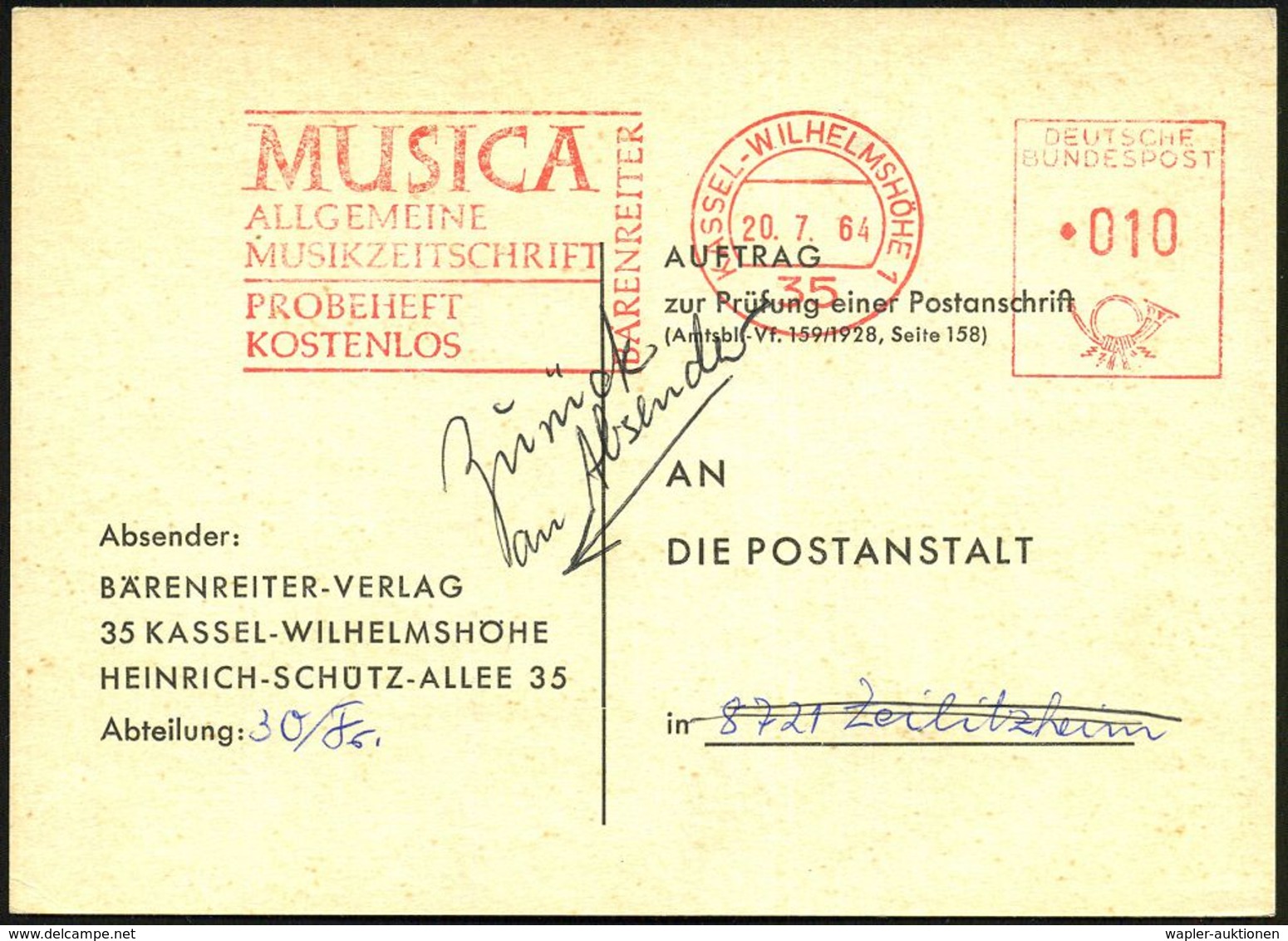 35 KASSEL-WILHELMSHÖHE/ MUSICA/ ALLG./ MUSIKZEITSCHRIFT/ BÄRENREITER.. 1964 (20.7.) AFS 010 Pf. , Firmen-Retour-Kt.: AUF - Musik