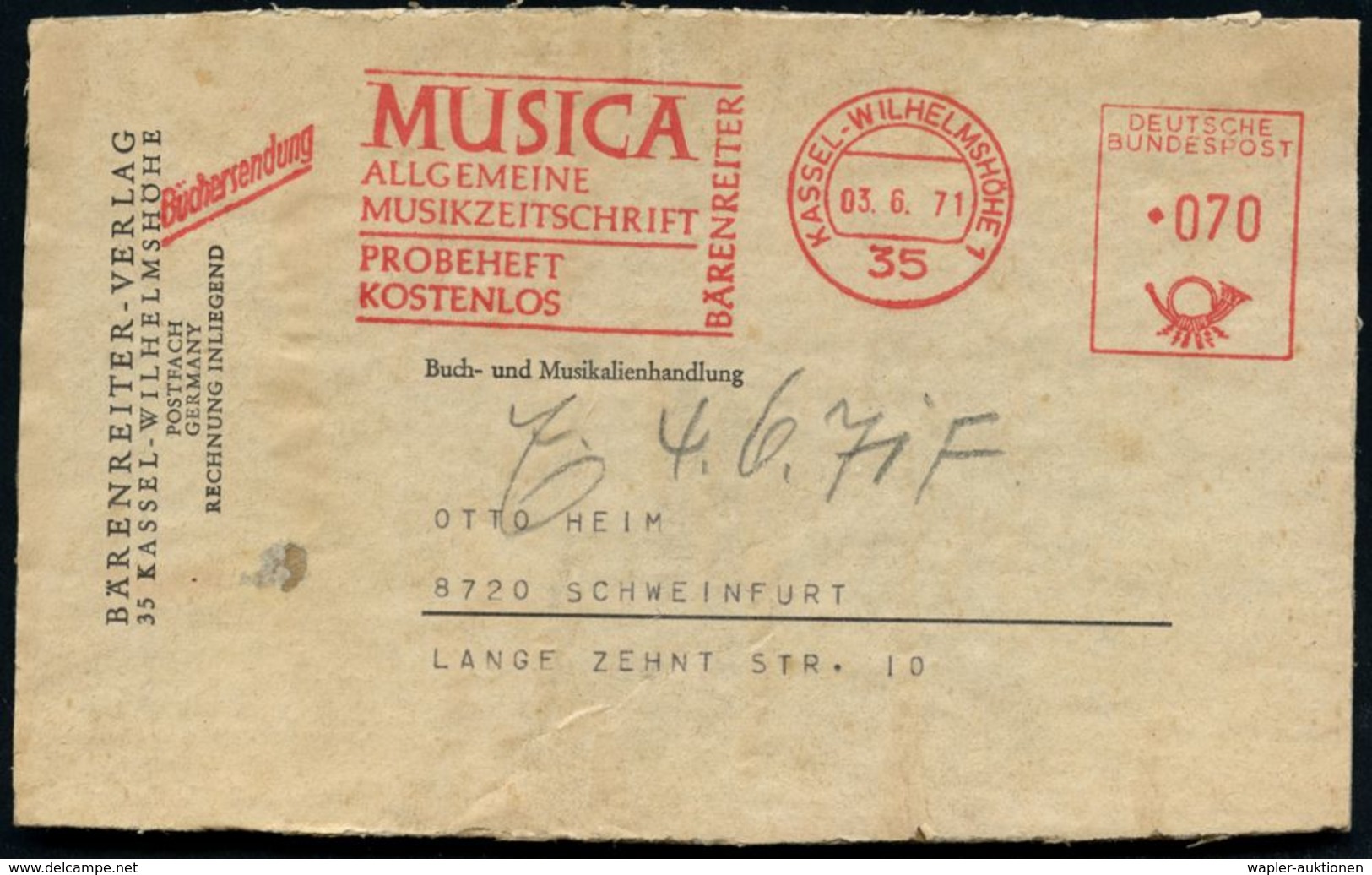 35 KASSEL-WILHELMSHÖHE 1/ MUSICA/ ALLGEM./ MUSIKZEITSCHRIFT../ BÄRENREITER 1971 (3.6.) AFS 070 Pf. + Zusatz "Büchersendu - Muziek