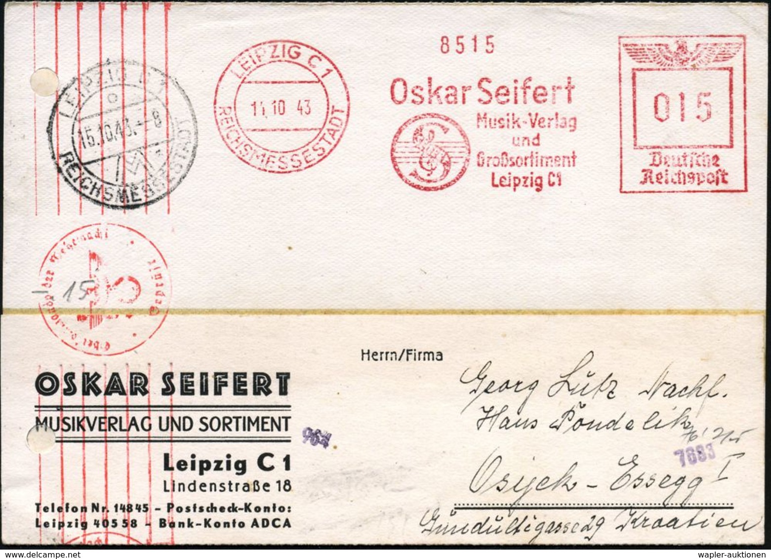 LEIPZIG C1/ REICHSMESSESTADT/ Oskar Seifert/ Musik-Verlag.. 1943 (11.10.) AFS (Monogr. Mit Notenschlüssel) + Roter OKW-Z - Musica