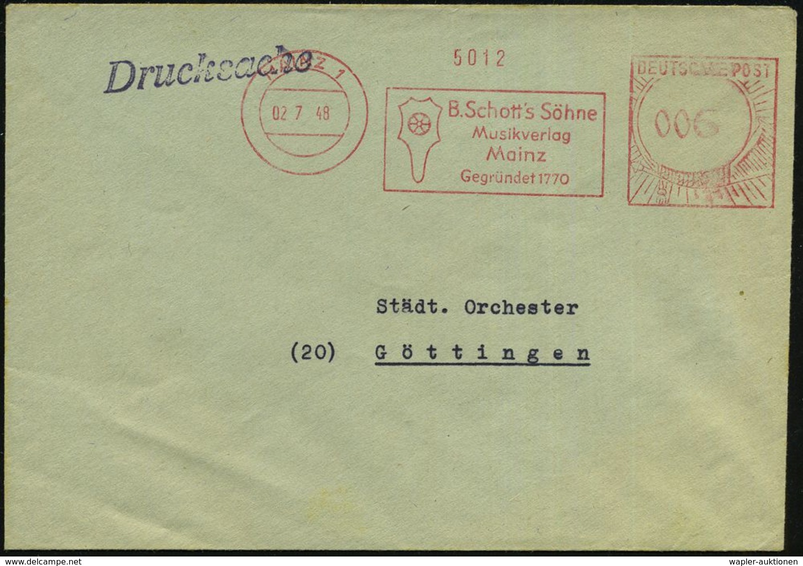 MAINZ 1/ B.Schott's Söhne/ Musikverlag/ ...Gegründet 1770 1948 (2.7.) Seltener AFS Typ FZ "Gr. Posthorn" (Logo) Rs. Abs. - Muziek