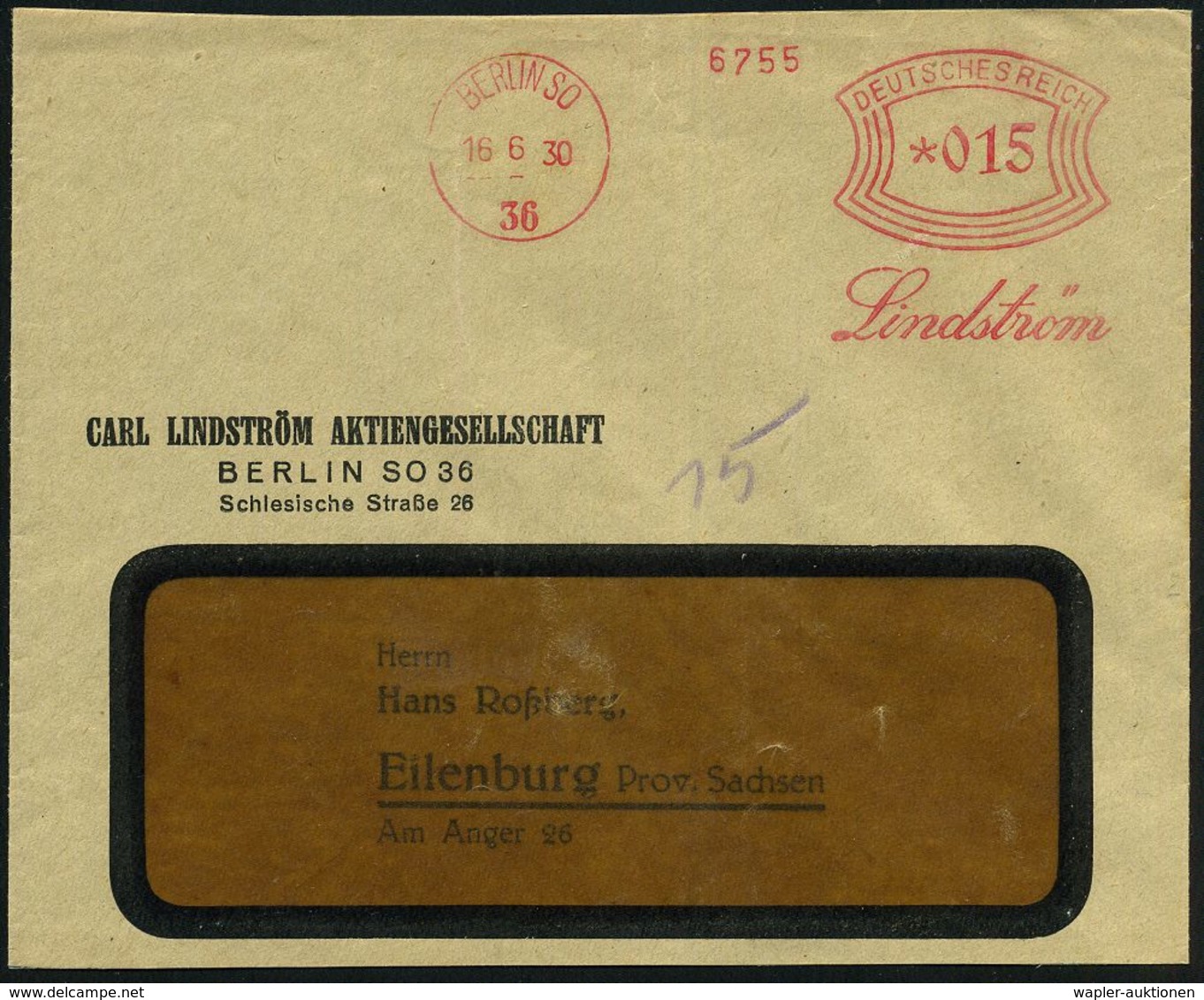 BERLIN SO/ 36/ Lindström 1930 (21.6.) AFS Auf Firmen-Bf.: CARL LINDSTRÖM AG (unten Gering Verkürzt) = Schallplatten-Firm - Muziek