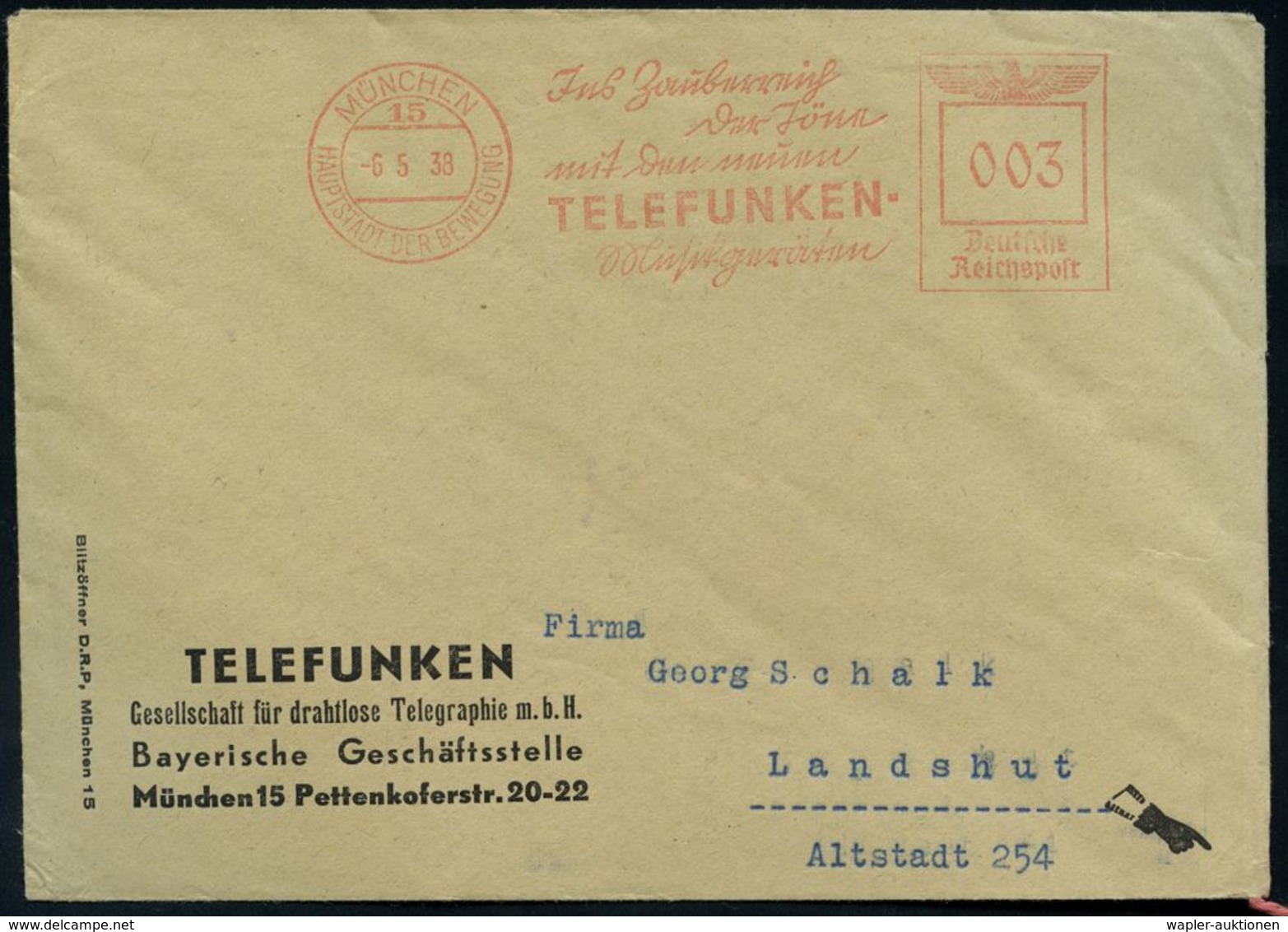 MÜNCHEN/ 22/ HDB/ Ins Zauberreich/ Der Töne/ Mit Den Neuen/ TELEFUNKEN-/ Musikgeräten 1938 (30.3.) AFS , Teils Sütterlin - Musique