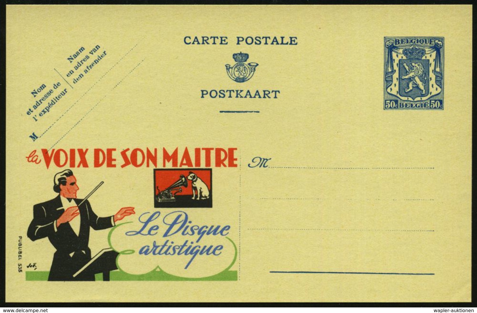 BELGIEN 1941 50 C. Reklame-P., Blau: La VOIX DE SON MAITRE/Le Disque.. = Hund = "His Master's Voice"-Schallplatten (Hund - Musica