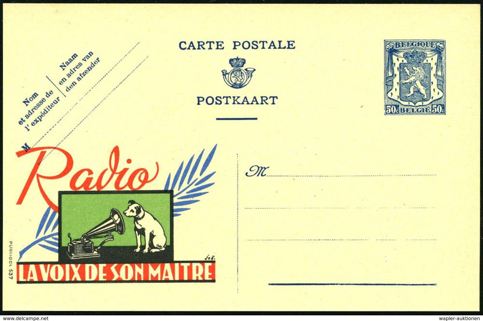 BELGIEN 1941 50 C. Reklame-P Löwe, Blau: Radio / LA VOIX DE SON MAITRE = Hund Vor Grammophon = Deutsche Besetzung!, Unge - Musique