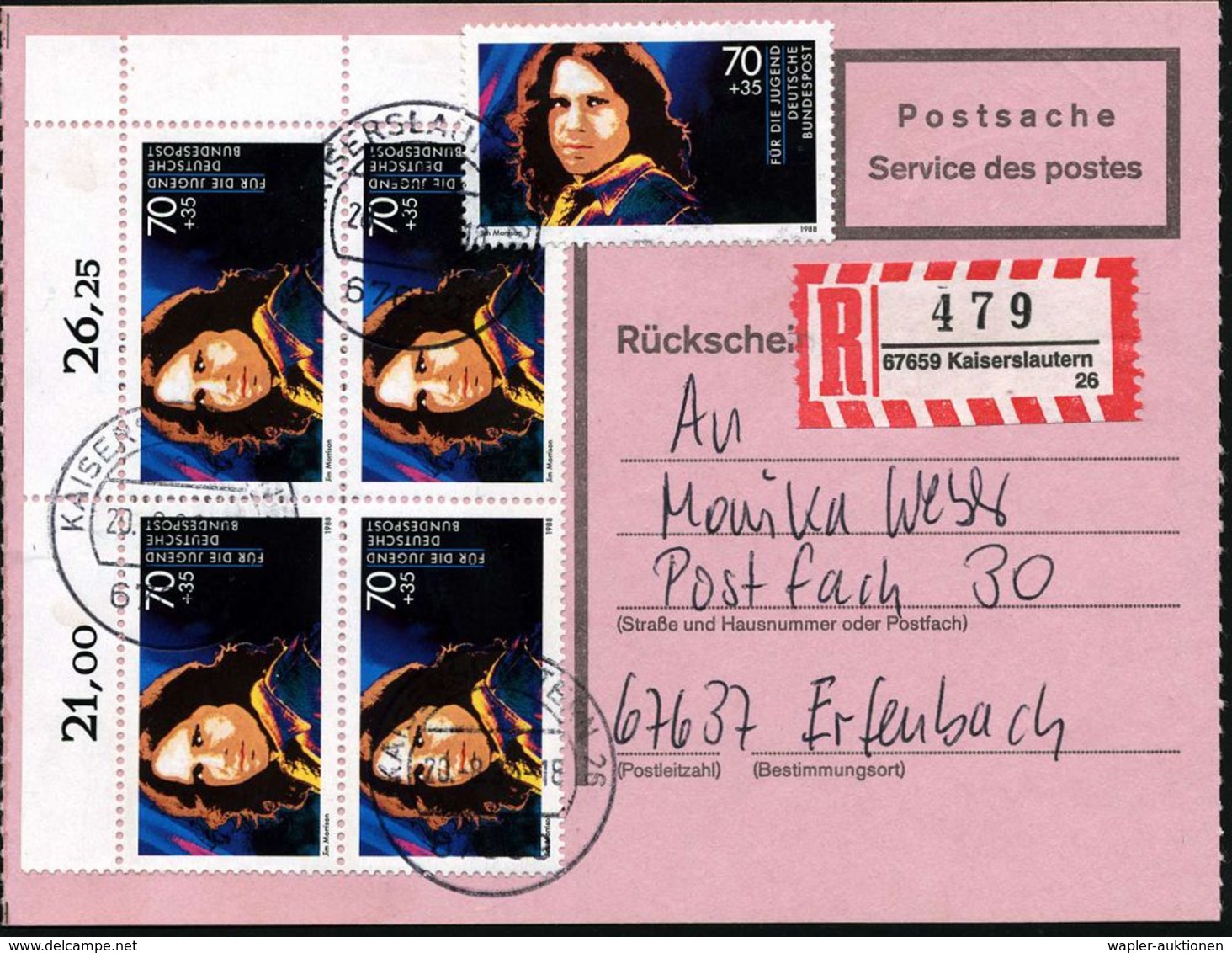 B.R.D. 1996 (29.8.) 70 + 35 Pf. Jim Morrison, Reine MeF: Bogen-Eckrand-4er-Block + Einzelstück Klar Gest. + RZ: 67659 Ka - Muziek