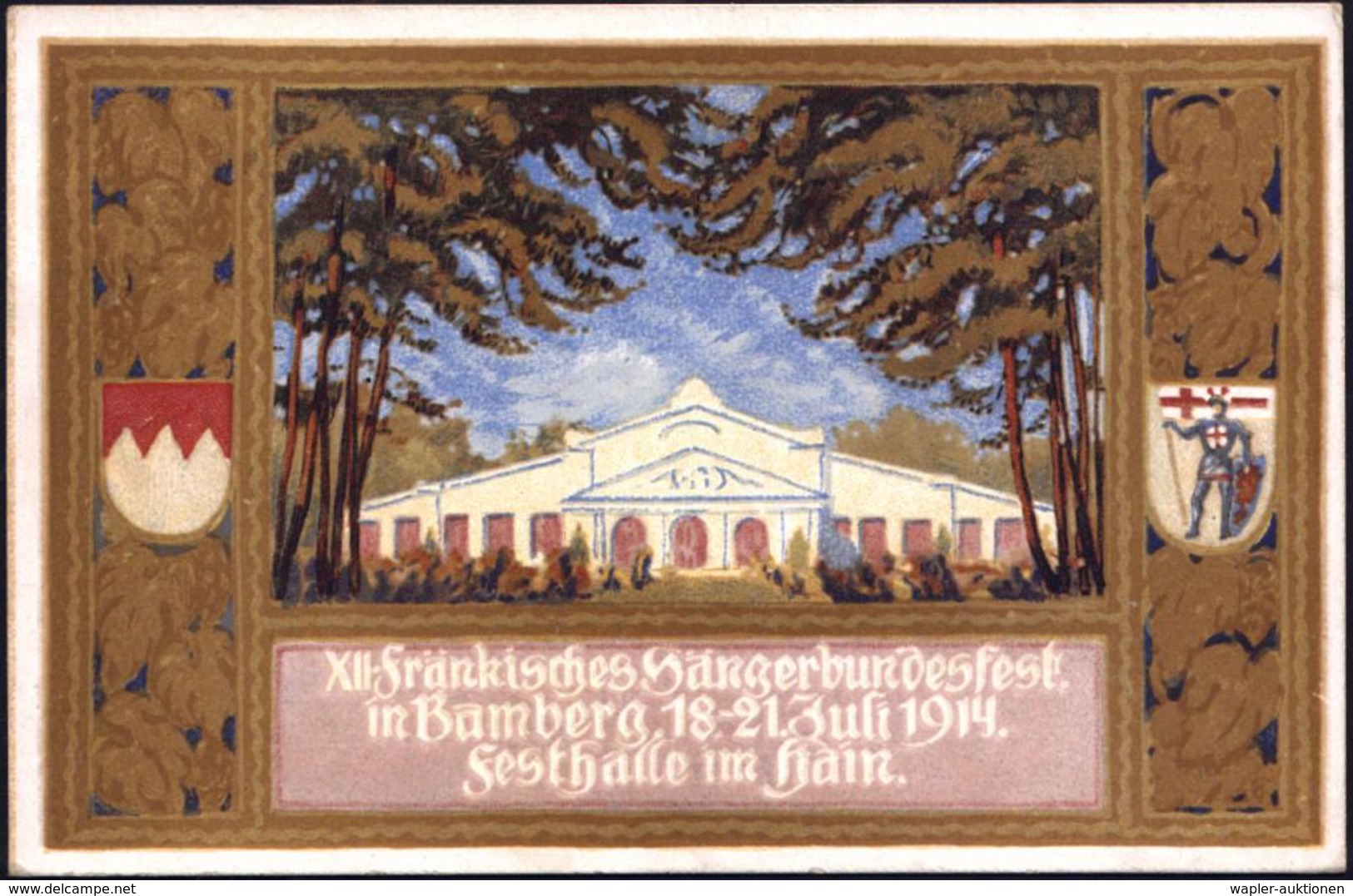 Bamberg 1914 (18.7.) PP 5 Pf. Huppwappen, Grün: XII. Fränkisches Sängerbundesfest = Festhalle (2 Wappen) Bd.MaSt.: BAMBE - Musique