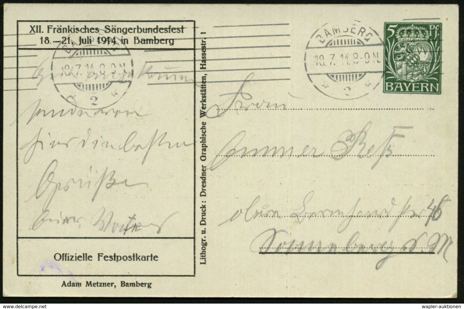 Bamberg 1914 (18.7.) PP 5 Pf. Huppwappen, Grün: XII. Fränkisches Sängerbundesfest = Festhalle (2 Wappen) Bd.MaSt.: BAMBE - Muziek