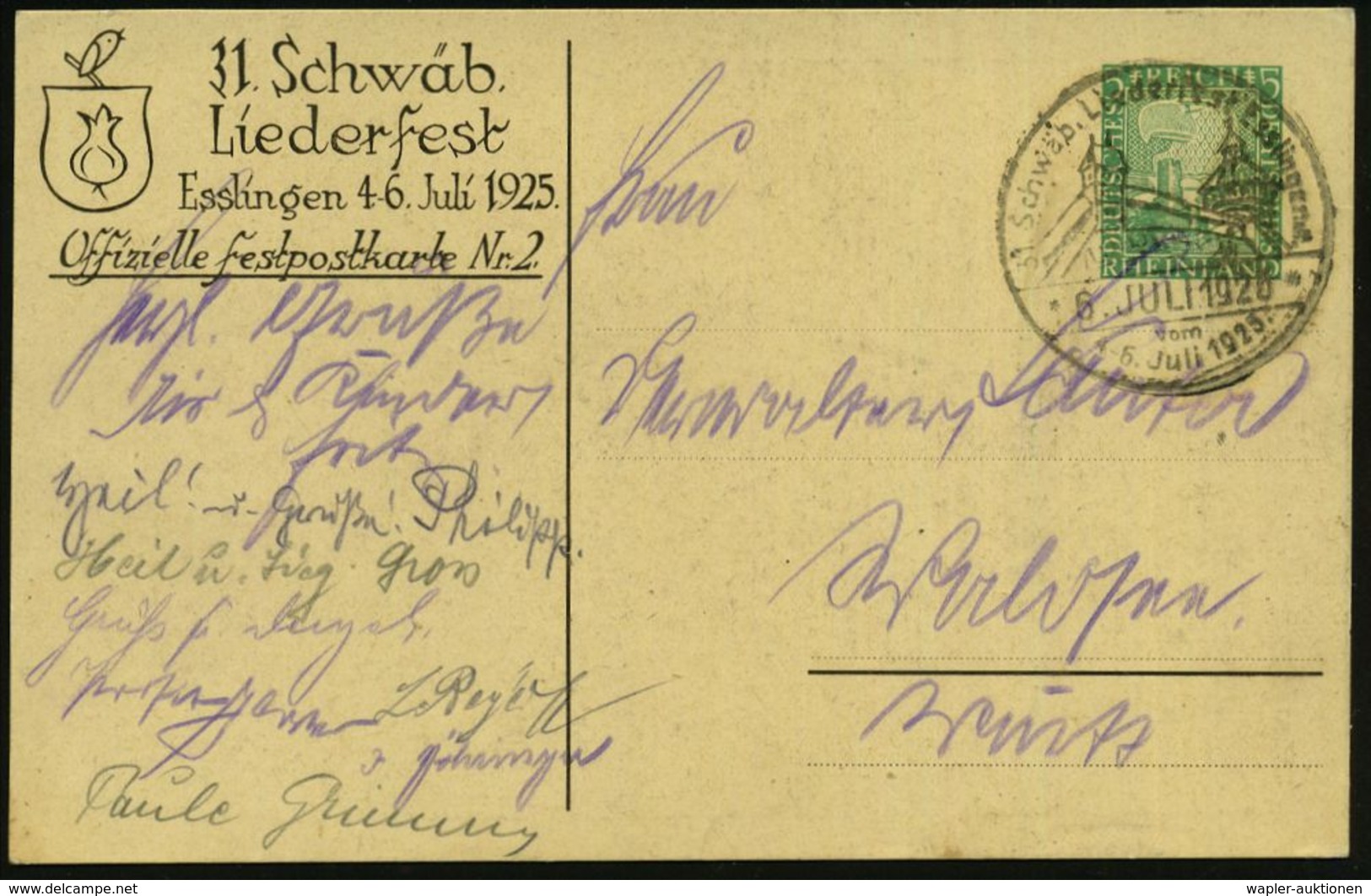 Esslingen,N./ Schwäb.Liederfest/ Vom/ 4-6.Juli 1925 (6.7.) Seltener SSt (Festungsmauern, Wehrtürme) Auf Passender PP 5 P - Musik