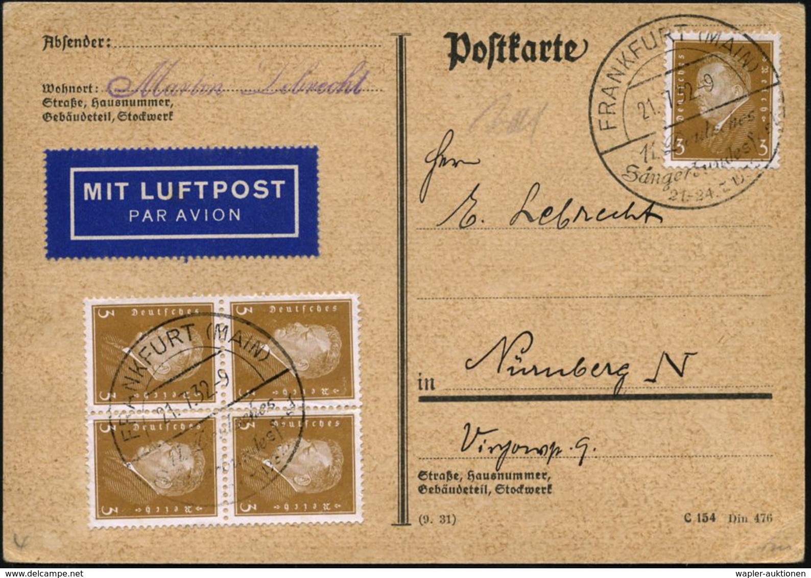 FRANKFURT (MAIN)/ 11.Deutsches/ Sängerbundesfest 1932 (21.7.) SSt 2x Auf 15 Pf.-Frankatur, Inl.-Flp.-Kt.!  (Bo.54) - LIE - Musique