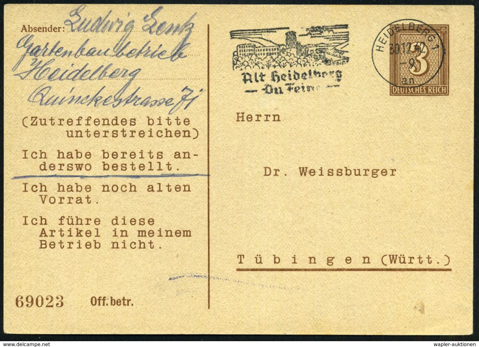 HEIDELBERG 1/ An/ Alt Heidelberg/ Du Feine 1942 (30.12.) MaWSt. (Schloß) = Liedtext Auf PP 3 Pf. Ziffer, Braun: Dr. Weis - Musique