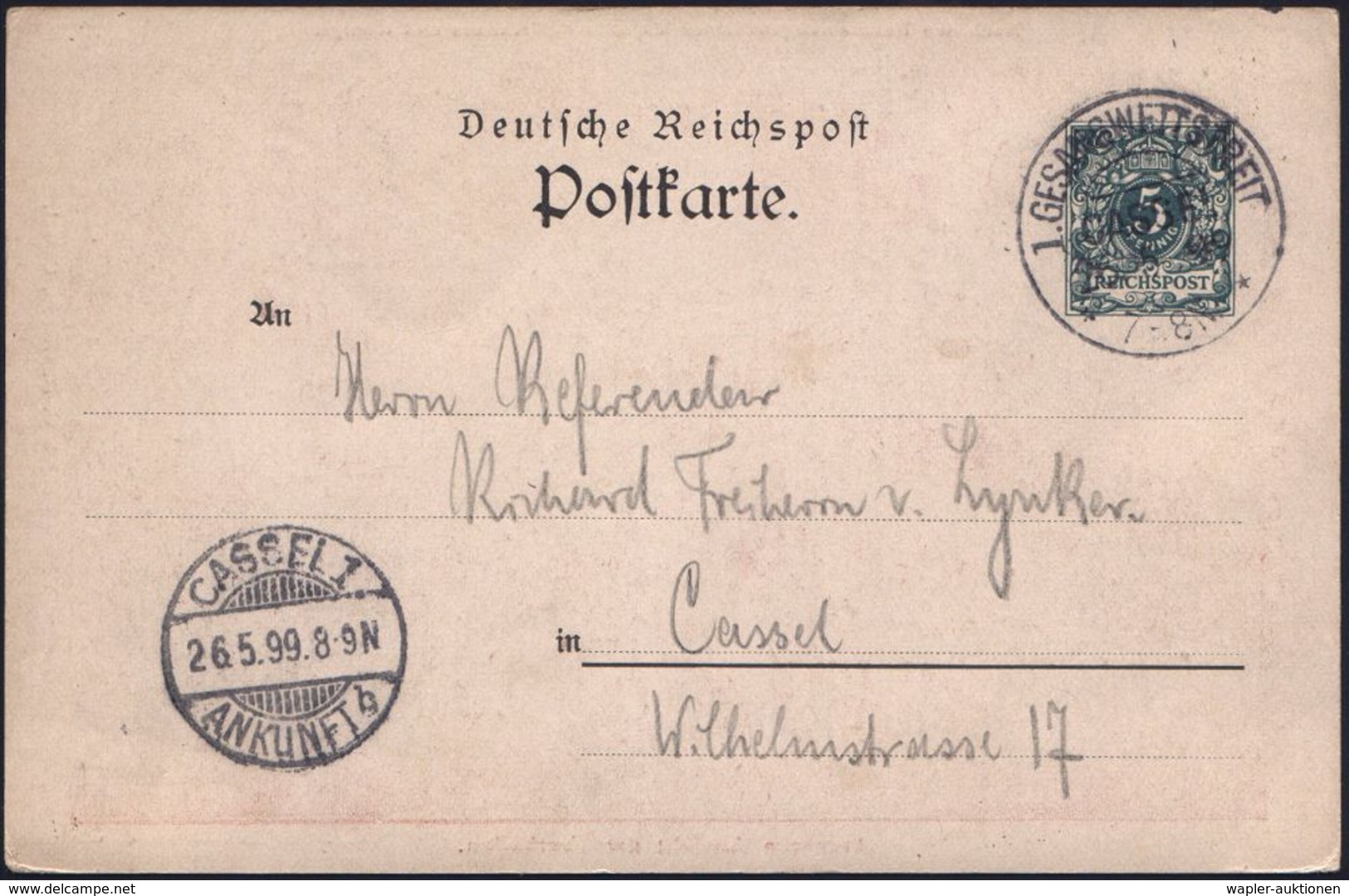 Kassel 1899 (26.5.) SSt: I. GESANGSWETTSTREIT/CASSEL Auf Passender PP 5 Pf. Ziffer Grün: "Gruß Vom Ersten Gesangswettstr - Musica