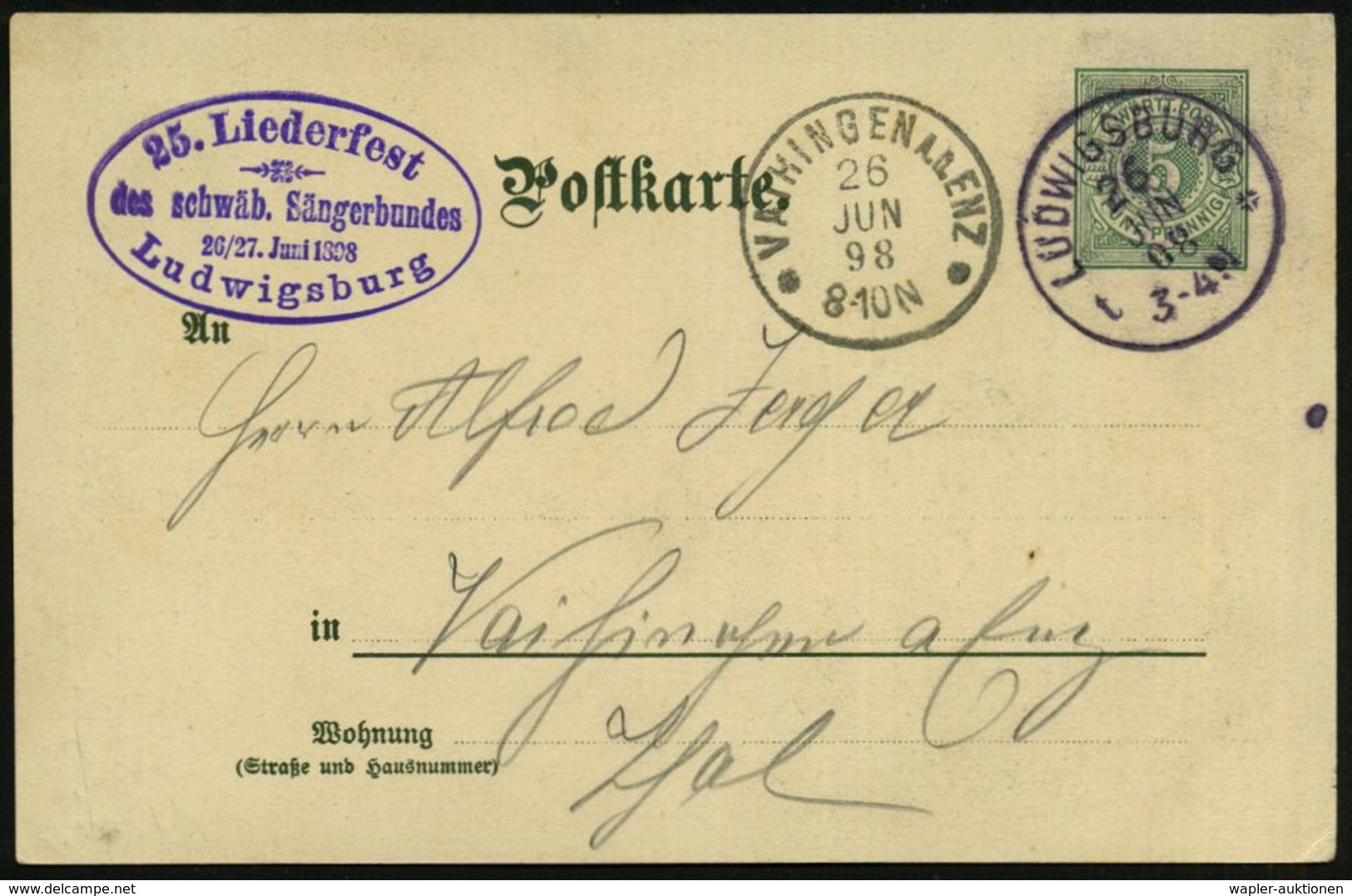 LUDWIGSBURG/ T* 1898 (26.6.) 1K + Viol. Oval-HdN: 25. Liederfest/des Schwäb. Sängerbundes.. Ludwigsburg (es Gab Keinen S - Musica