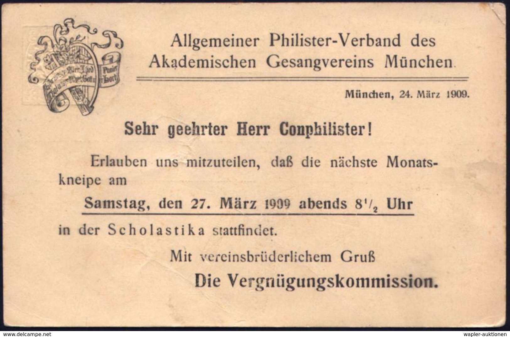 München/ Allg.Philister-Verband Des Akadem.Gesangsvereins.. 1909 (24.3.) PP 3 Pf. Wappen , Braun: Einladungskarte Zur Mo - Musica