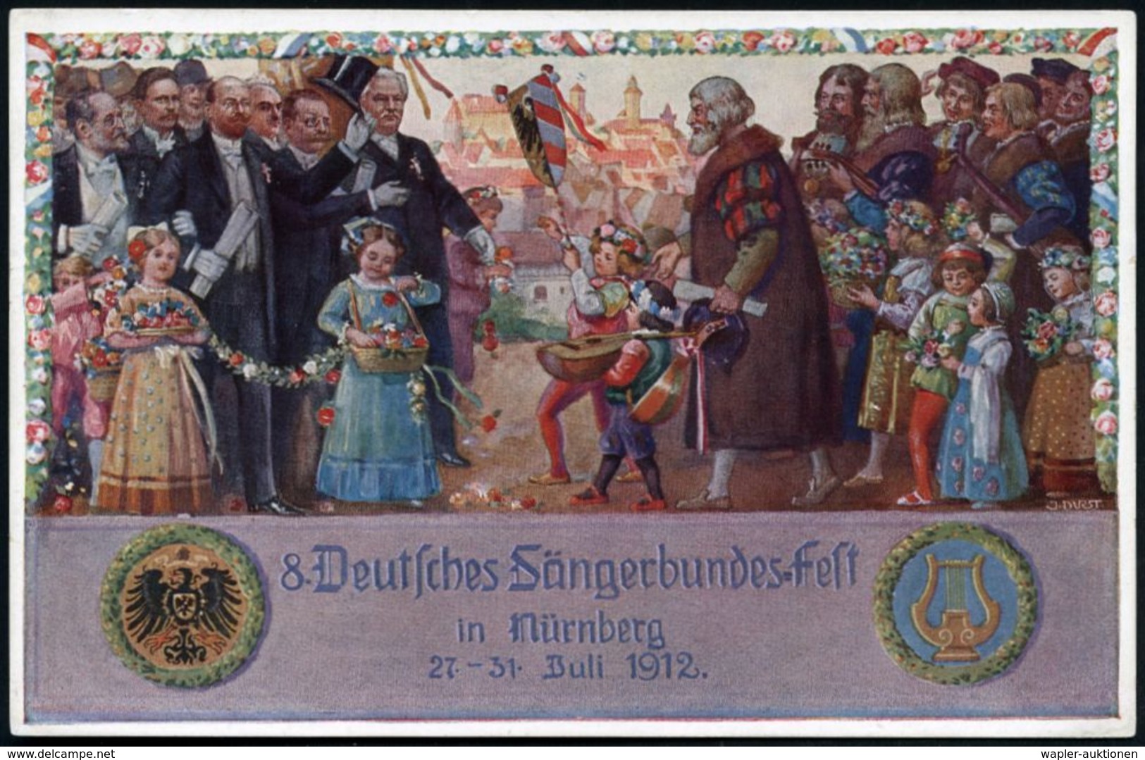 NÜRNBERG 2 BP 1912 (29.7.) 1K. Auf PP 5 Pf. Luitpold, Grün: VIII. Deutsches Sängerbundesfest = Hans Sachs U.a., Kinder M - Muziek