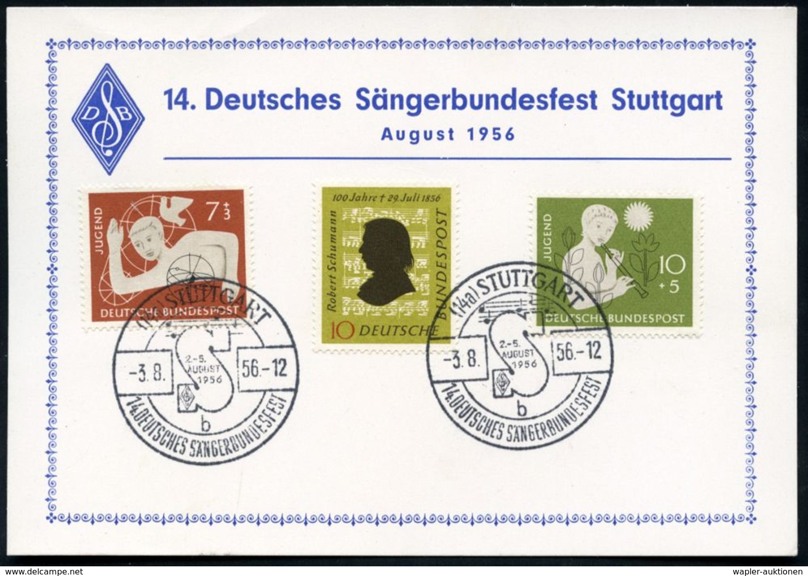 (14a) STUTTGART/ B/ 14.DEUTSCHES SÄNGERBUNDESFEST 1956 (3.8.) SSt = Notenzeile 2x Rs. Auf Sonder-Kt. (Michaelis Nr.23, + - Music