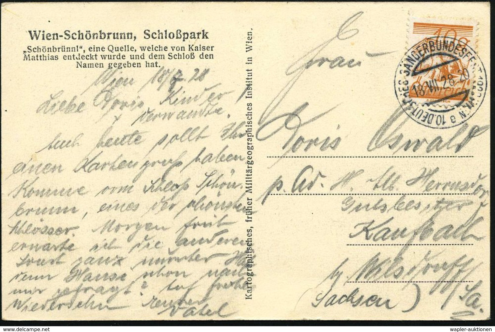 ÖSTERREICH 1928 (18.7.) SSt.: WIEN/e/10.DEUTSCHES SÄNGERBUNDESFEST , Klar Gest. Bedarfs-Ausl.-Ak.: Schönbrunn-Quelle  -  - Musik