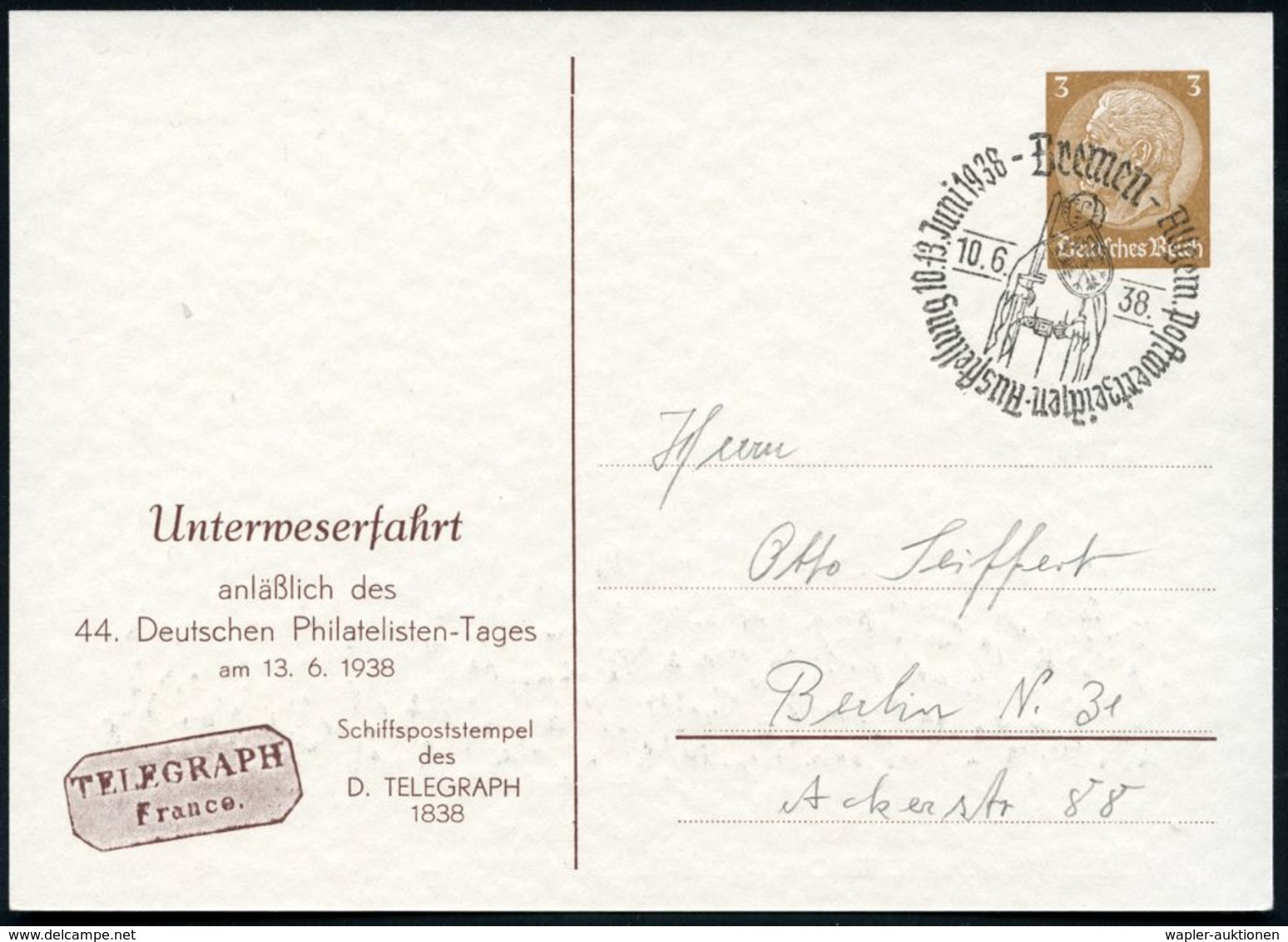 Bremen/ Allgem.Postwertzeichen-Ausstellung 1938 (10.6.) SSt = Bremer Roland , Passende PP 3 Pf. Hindenbg., Braun: Unterw - Musik