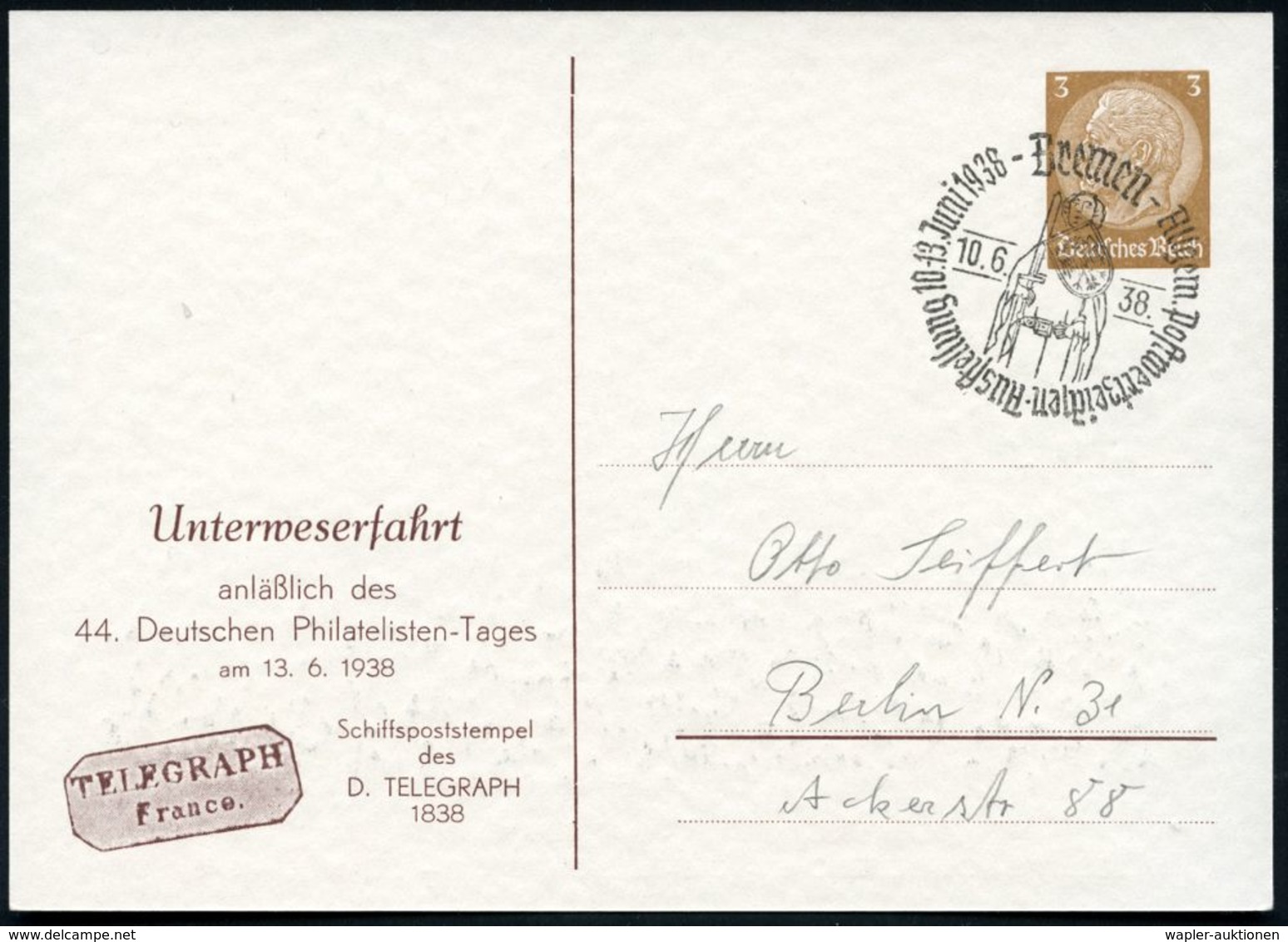 Bremen/ Allgem.Postwertzeichen-Ausstellung 1938 (10.6.) SSt = Bremer Roland , Passende PP 3 Pf. Hindenbg., Braun: Unterw - Musica