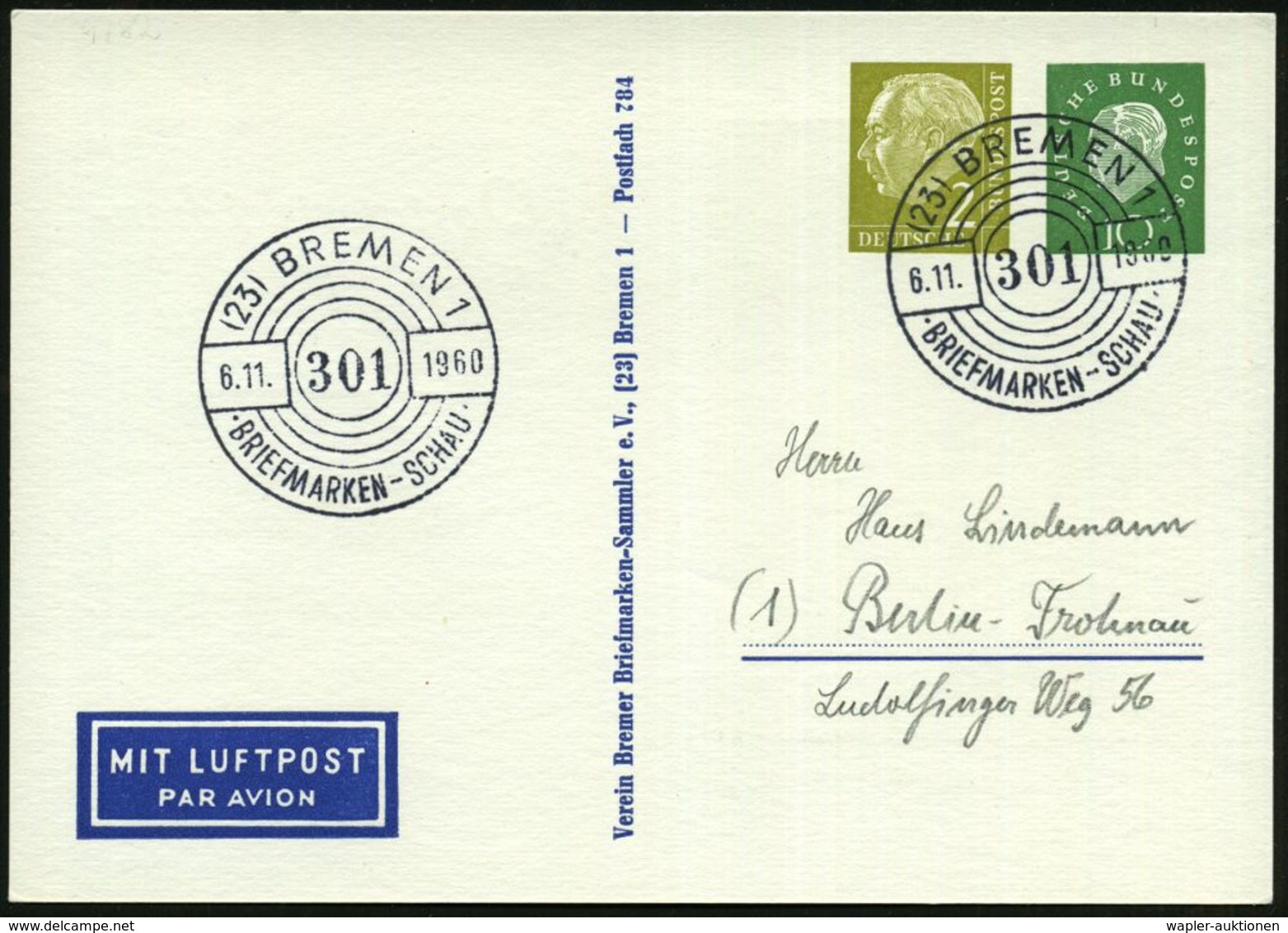 Bremen 1960 (6.11.) PP 2 Pf. Heuss I + 10 Pf. Heuss II: Roland Von Bremen 1404 = Postwertz.-Werbeschau + Entspr. SSt (Ri - Muziek