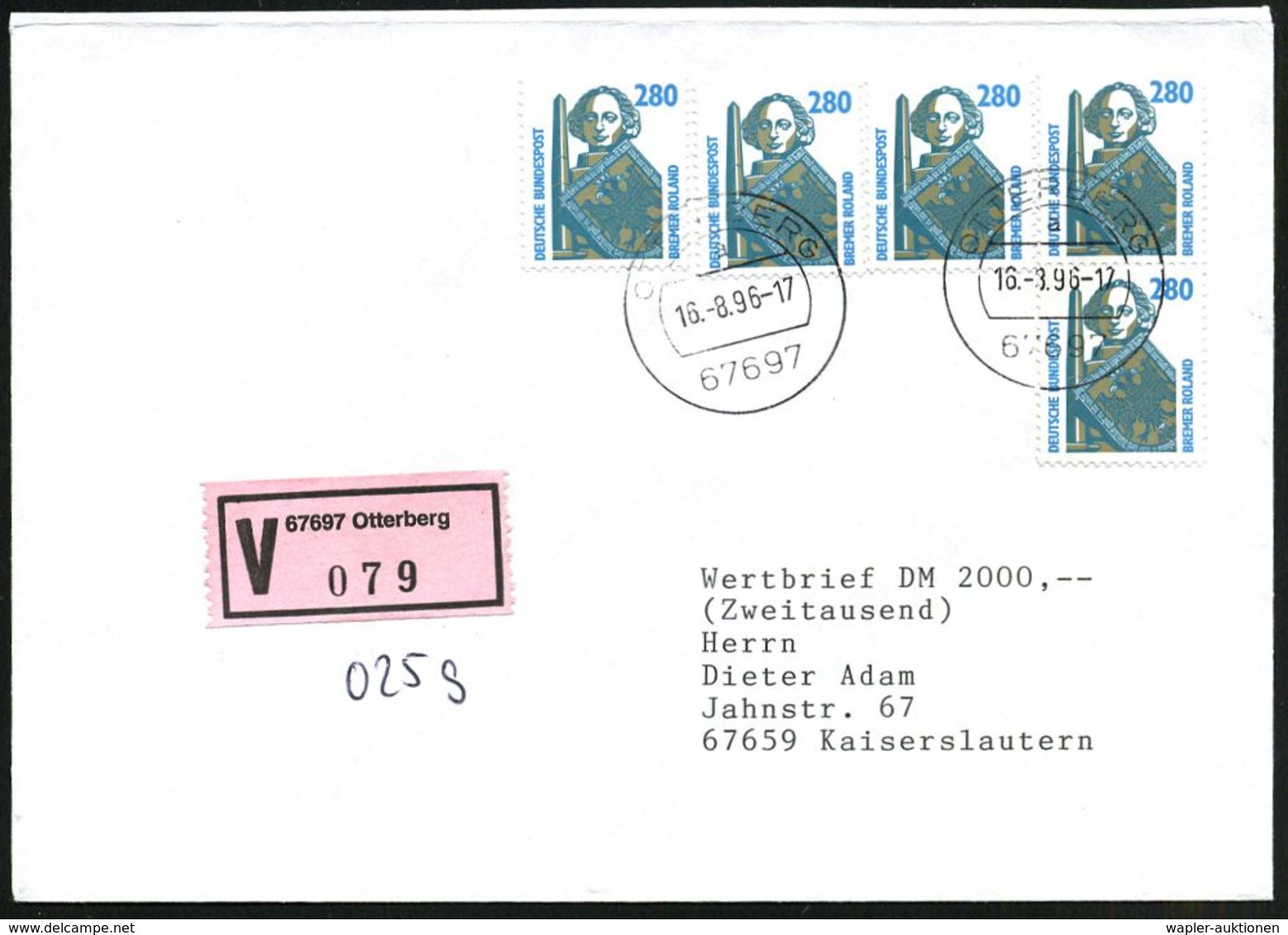 B.R.D. 1996 (16.8.) 280 Pf. "Roland V. Bremen", Reine MeF: 5 Stück + Rosa VZ: 67697 Otterberg , Klar Gest. Inl.-Wert-Bf. - Muziek