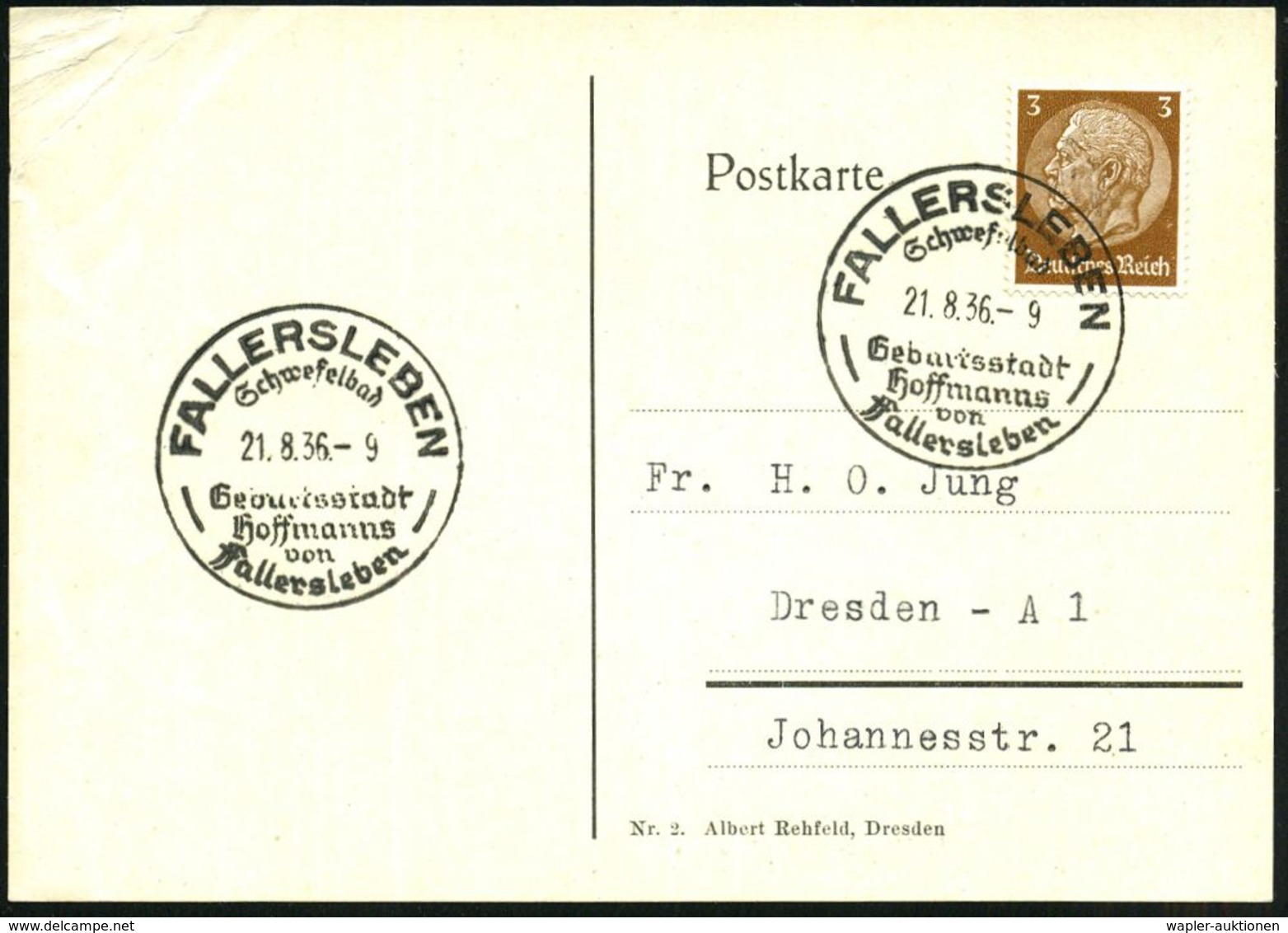 FALLERSLEBEN/ Schwefelbad/ Geburtsstadt/ Hoffmann/ V./ Fallersleben 1936 (21.8.) HWSt , Klar Gest. Inl.-Kt. Hoffmanns V. - Music