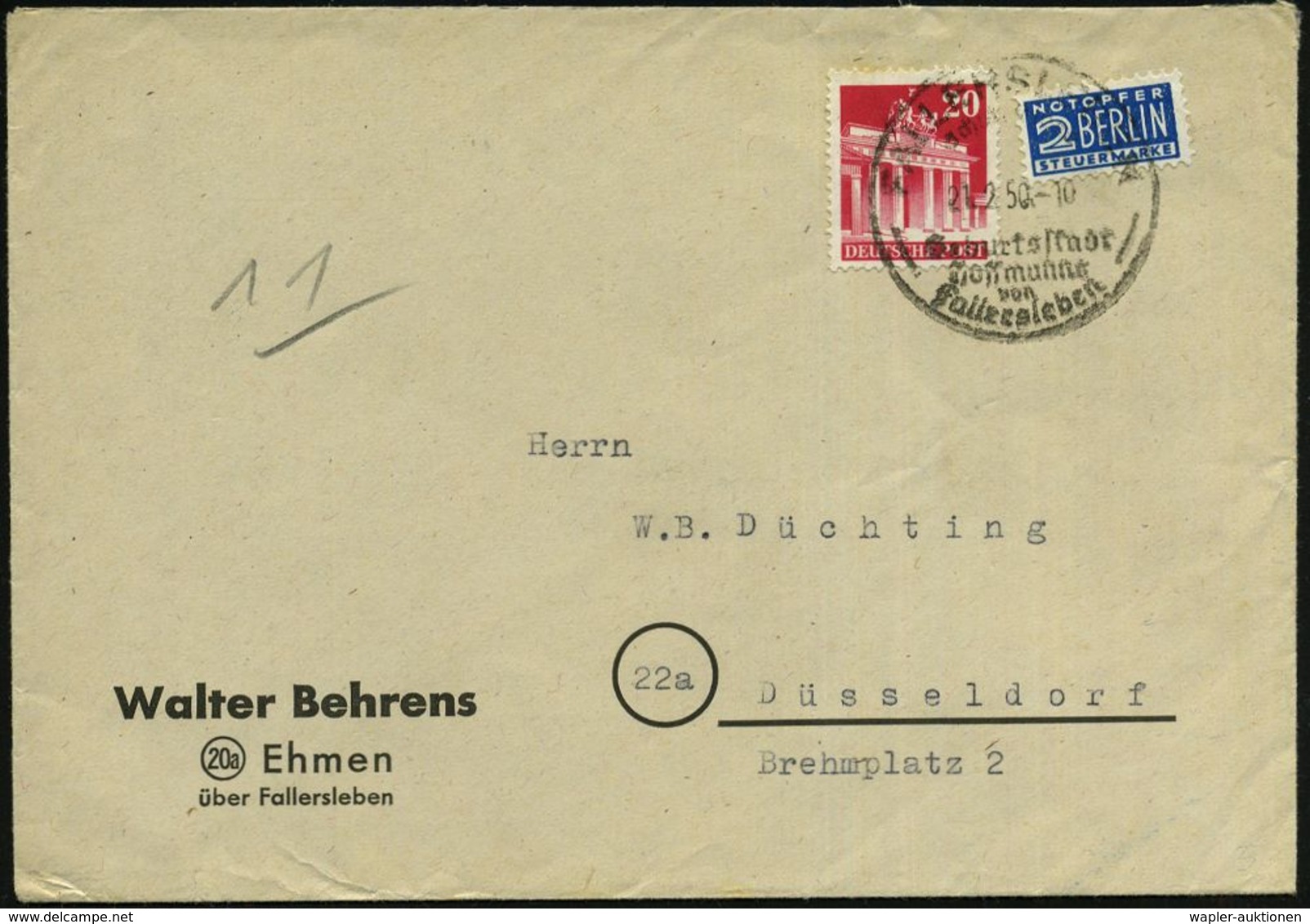 FALLERSLEBEN/ ..Geburtsstadt/ Hoffmanns/ Von/ Fallersleben 1950 (21.2.) HWSt Auf Fernbf. = Dichter Der Deutschen Nationa - Music