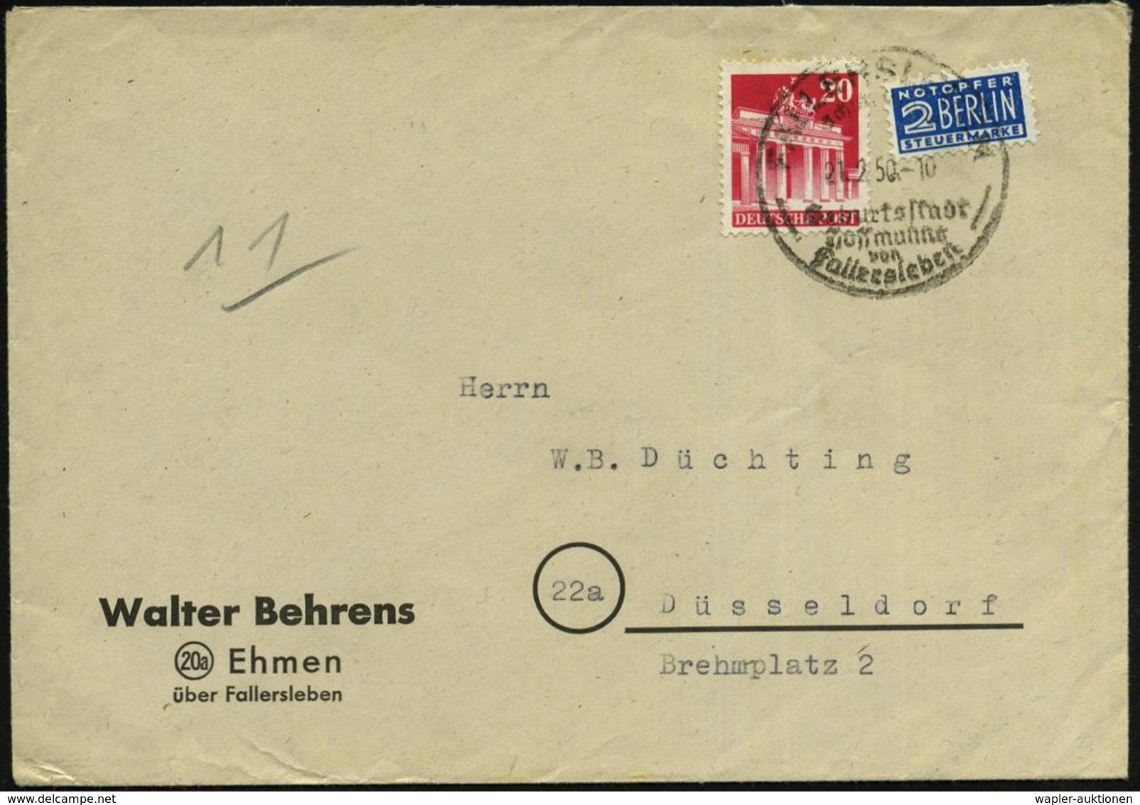 FALLERSLEBEN/ ..Geburtsstadt/ Hoffmanns/ Von/ Fallersleben 1950 (21.2.) HWSt Auf Fernbf. = Dichter Der Deutschen Nationa - Musica