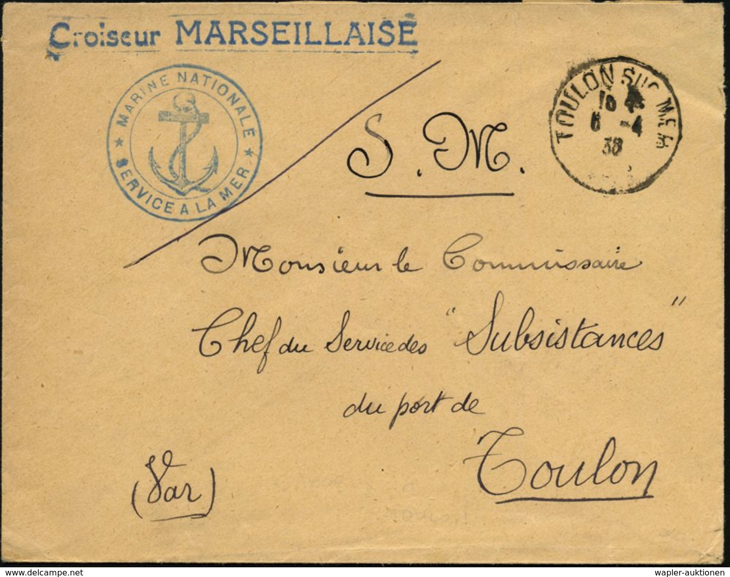 FRANKREICH 1938 (6.4.) 1K: TOULON SUR MER + Blauer 1L: Croiseur MARSEILLAISE = Kreuzer + 2K-HdN: MARINE NATIONALE/ SERVI - Muziek