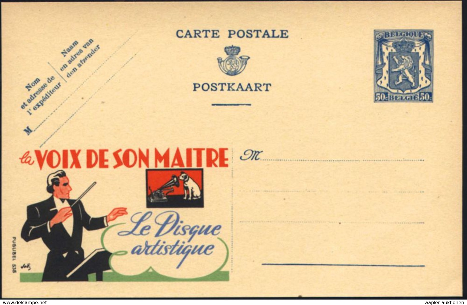 BELGIEN 1941 50 C. Reklame-P Löwe, Blau: La VOIX DE SON MAITRE/ Le Disque Artistique = Dirigent Mit Taktstock (u. Hund V - Muziek