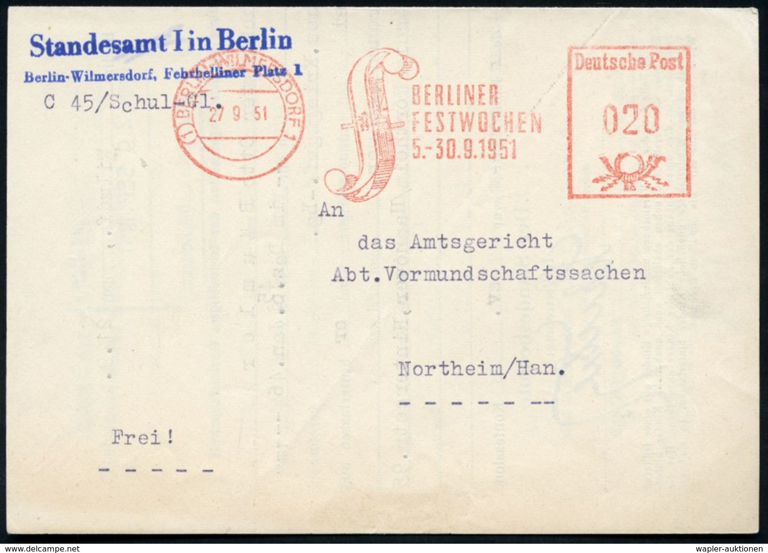 (1) BERLIN-WILMERSDORF 1/ BERLINER/ FESTWOCHEN/ 5.-30.9. 1951 (27.9.) AFS = Bass-Schlüssel Mit Flaggen Auf Dienst-Kt.: S - Music