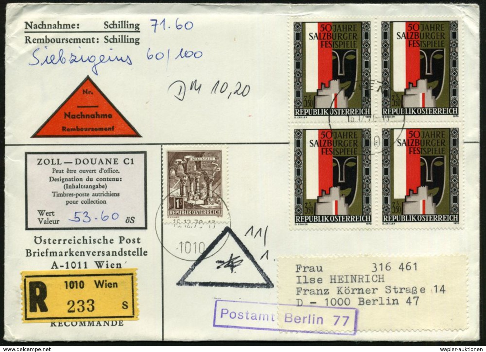 ÖSTERREICH 1960 (16.12.) 3,50 S. "50 Jahre Salzburger Festspiele", 4er-Block U.a. + RZ: 1010 Wien / S = Sammlerservice,  - Musik
