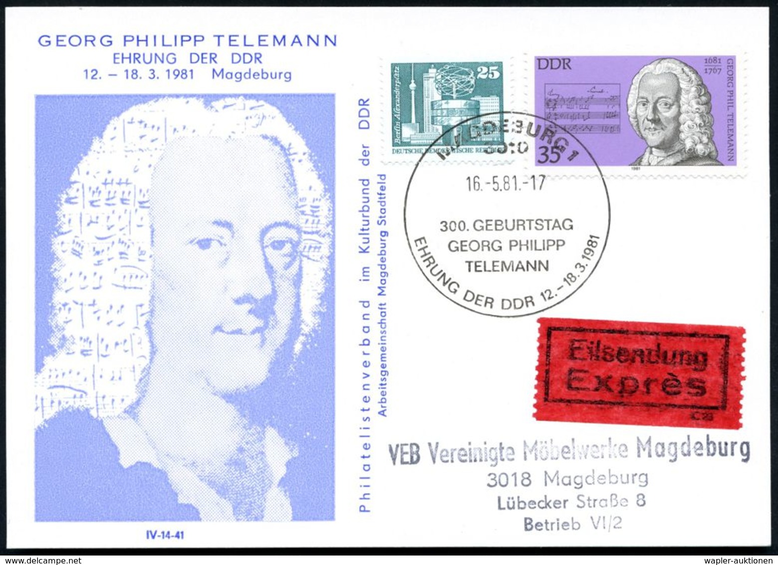 3010 MAGDEBURG1/ 300.GEBURTSTAG/ GEORG PH./ TELEMANN 1981 (21.5.) SSt Auf 35 Pf. G. Ph. Telemann = Zeitgenosse Händels U - Musique