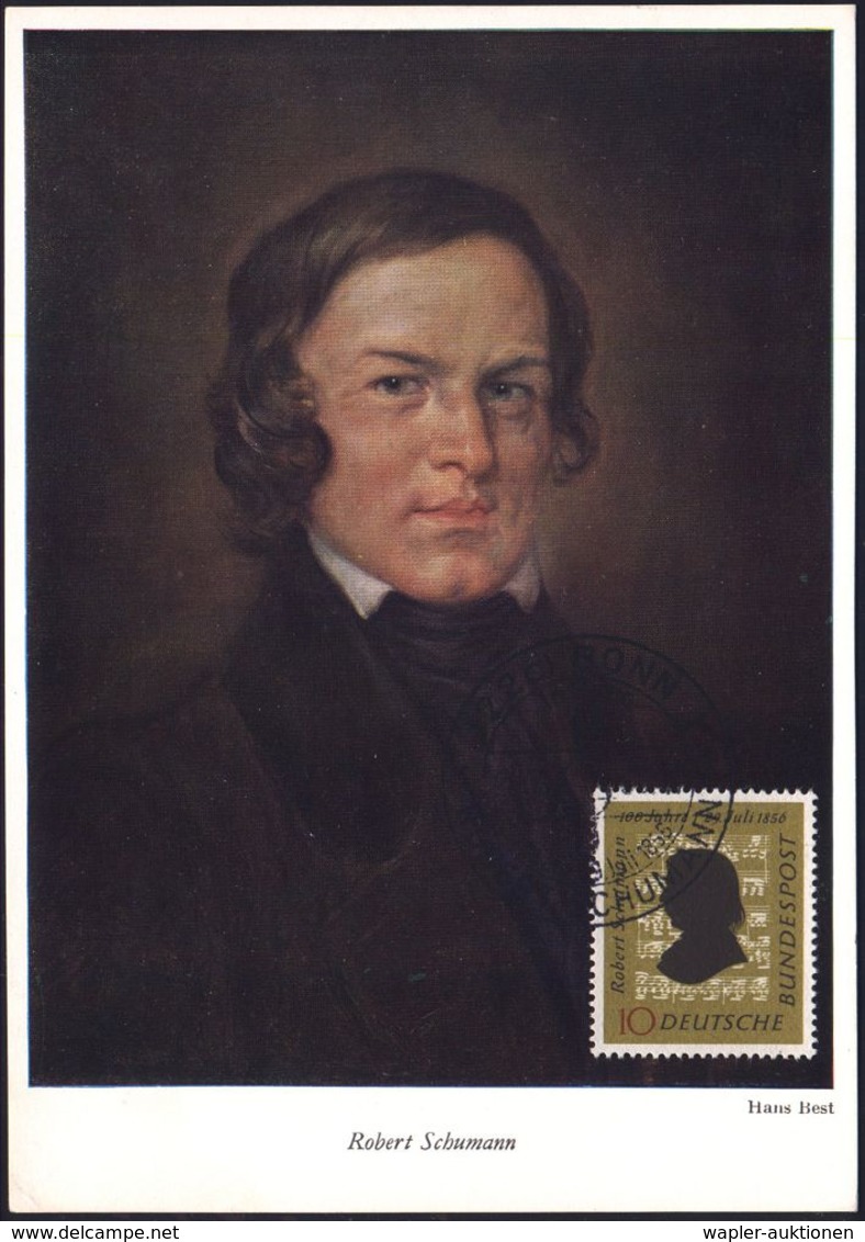 B.R.D. 1956 (28.7.) 10 Pf. Robert Schumann, EF , Schumann-ET-SSt. (BONN) Auf Ersttags-Maximum-Kt.  (Mi.234 EF) - KOMPONI - Musica