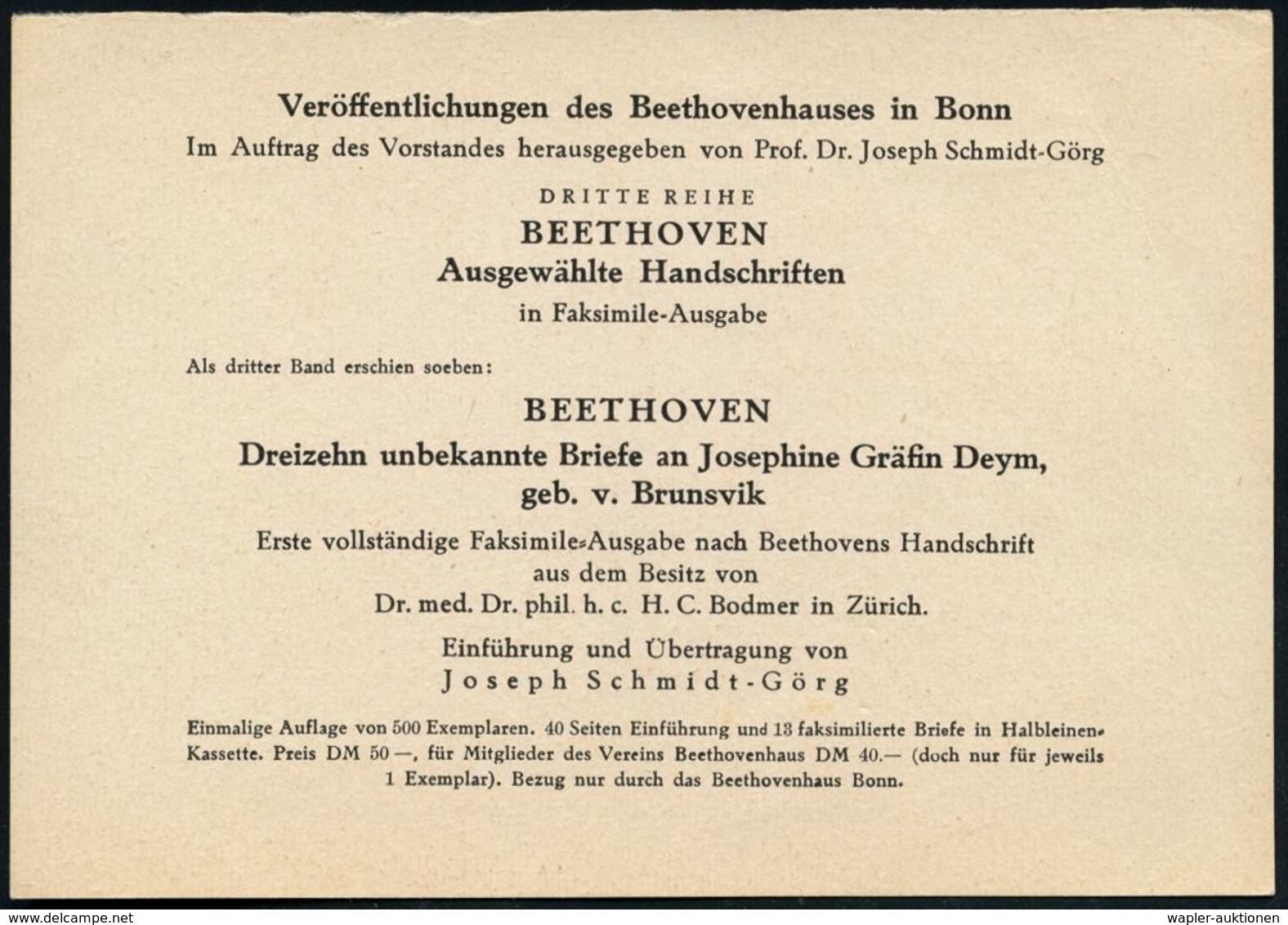 (22c) BONN 1 1957 (7.8.) PFS 7 Pf. Auf Dienst-Kt.: LVB/BEETHOVENHAUS BONN (Monogr.) Rs. Text: Veröffentlichung Beethoven - Muziek
