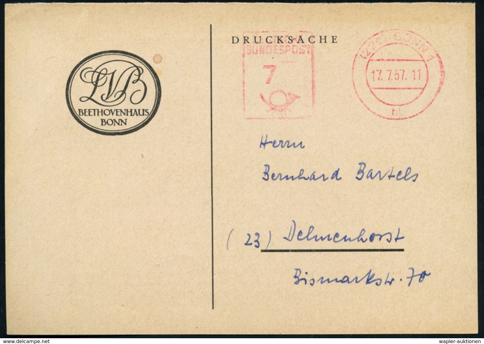 (22c) BONN 1 1957 (7.8.) PFS 7 Pf. Auf Dienst-Kt.: LVB/BEETHOVENHAUS BONN (Monogr.) Rs. Text: Veröffentlichung Beethoven - Muziek