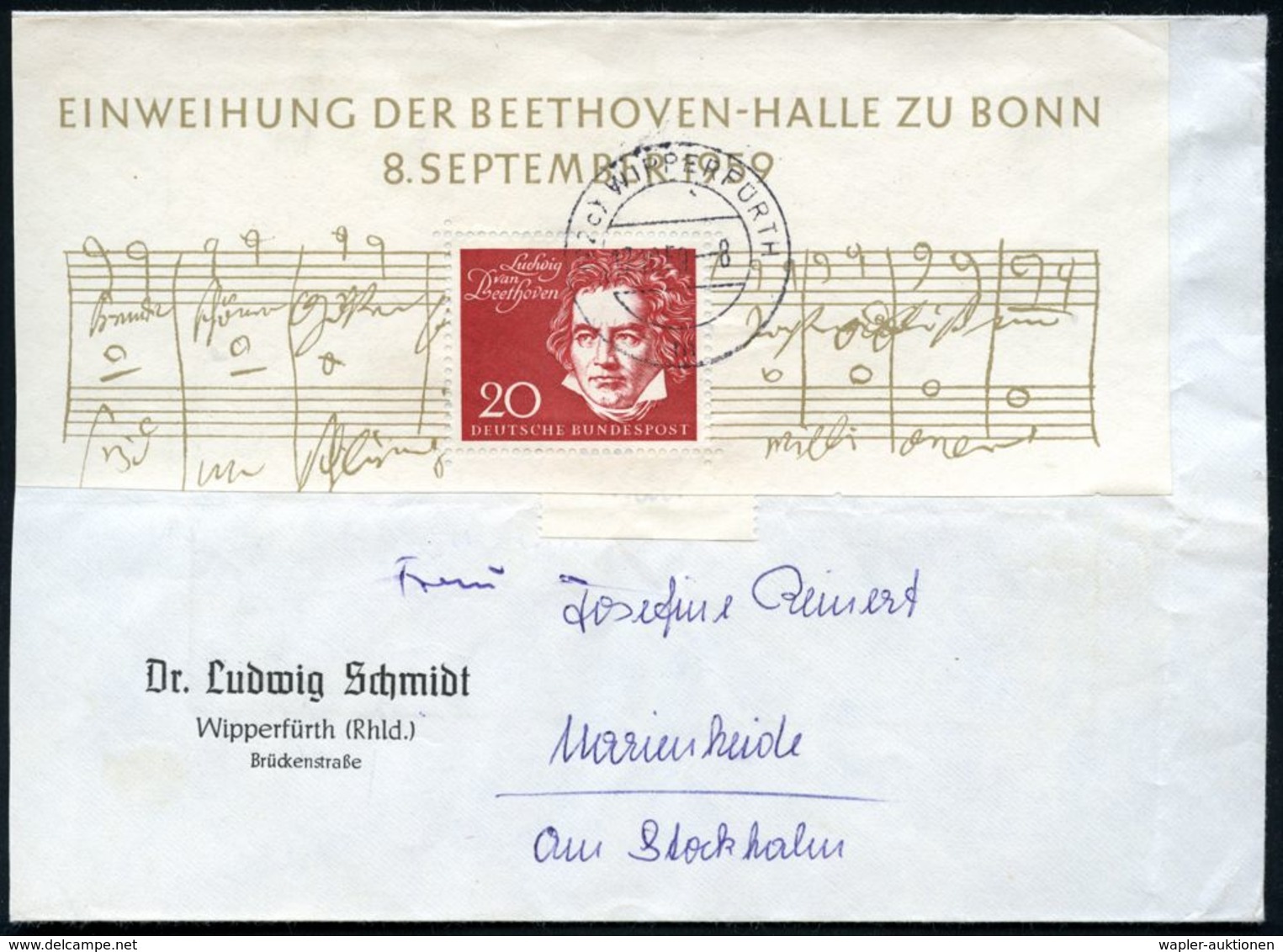 B.R.D. 1960 20 Pf. Beethoven, EF Block-Oberrand Mit Randinschrift U. Notenzeilen , Klar Gest. Inl.-Bf. (Mi.317 EF, + 75. - Musik