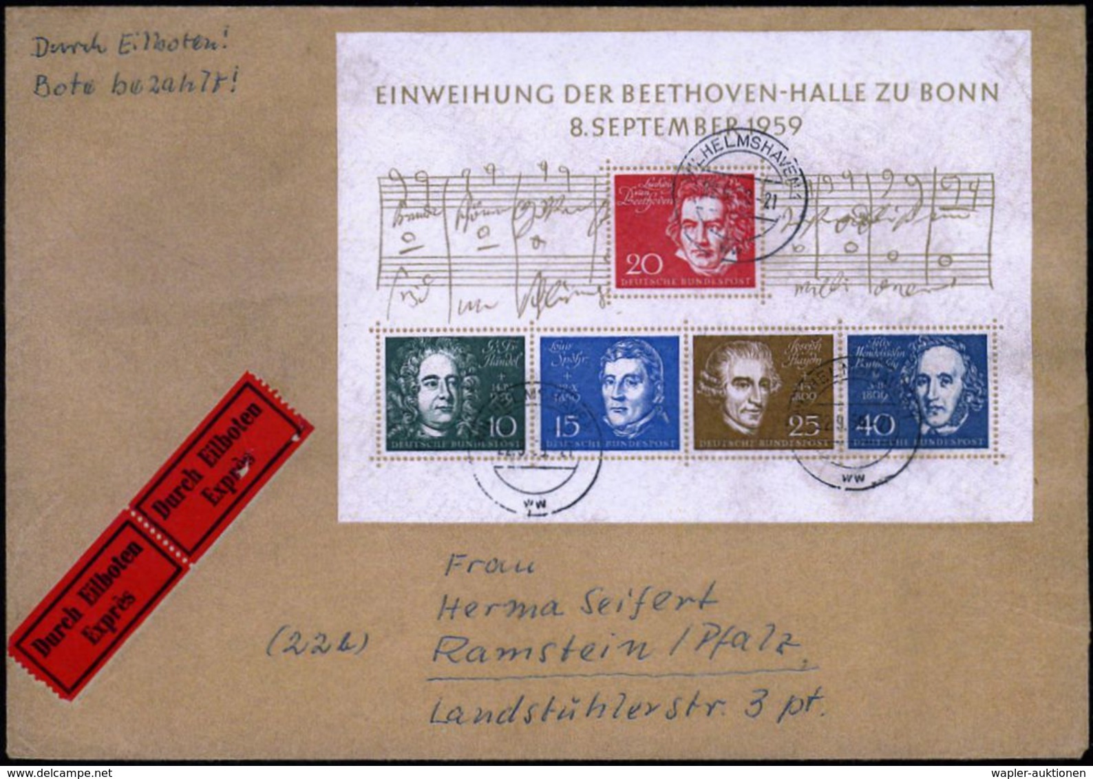 B.R.D. 1959 (22.9.) Beethoven-Block, EF = Beethoven, Händel, Spohr, Haydn U. Mendelssohn-Bartholdy , Sauber Gest. (WILHE - Musica