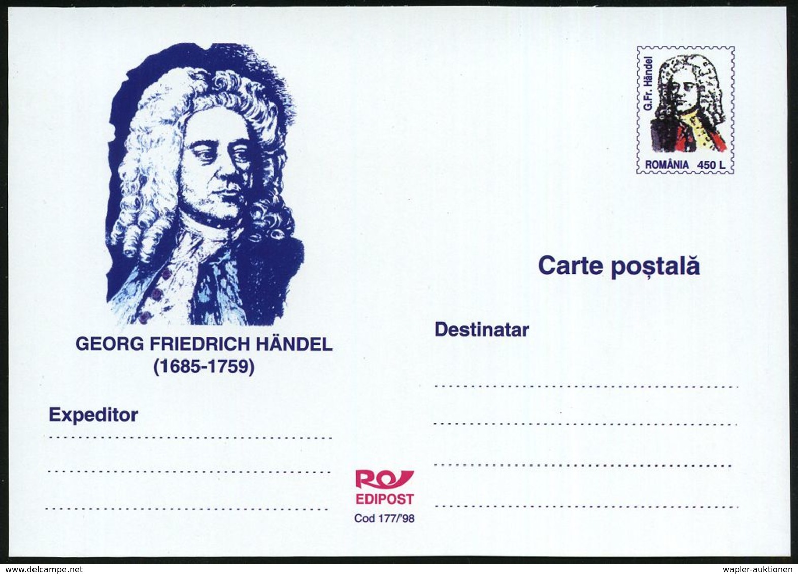 RUMÄNIEN 1998 450 L. Sonder-P "G. F. Händel" = Brustbild Händel , Ungebr. (Mi.P 1255) - GEORG FRIEDRICH HÄNDEL - G.F. HA - Muziek