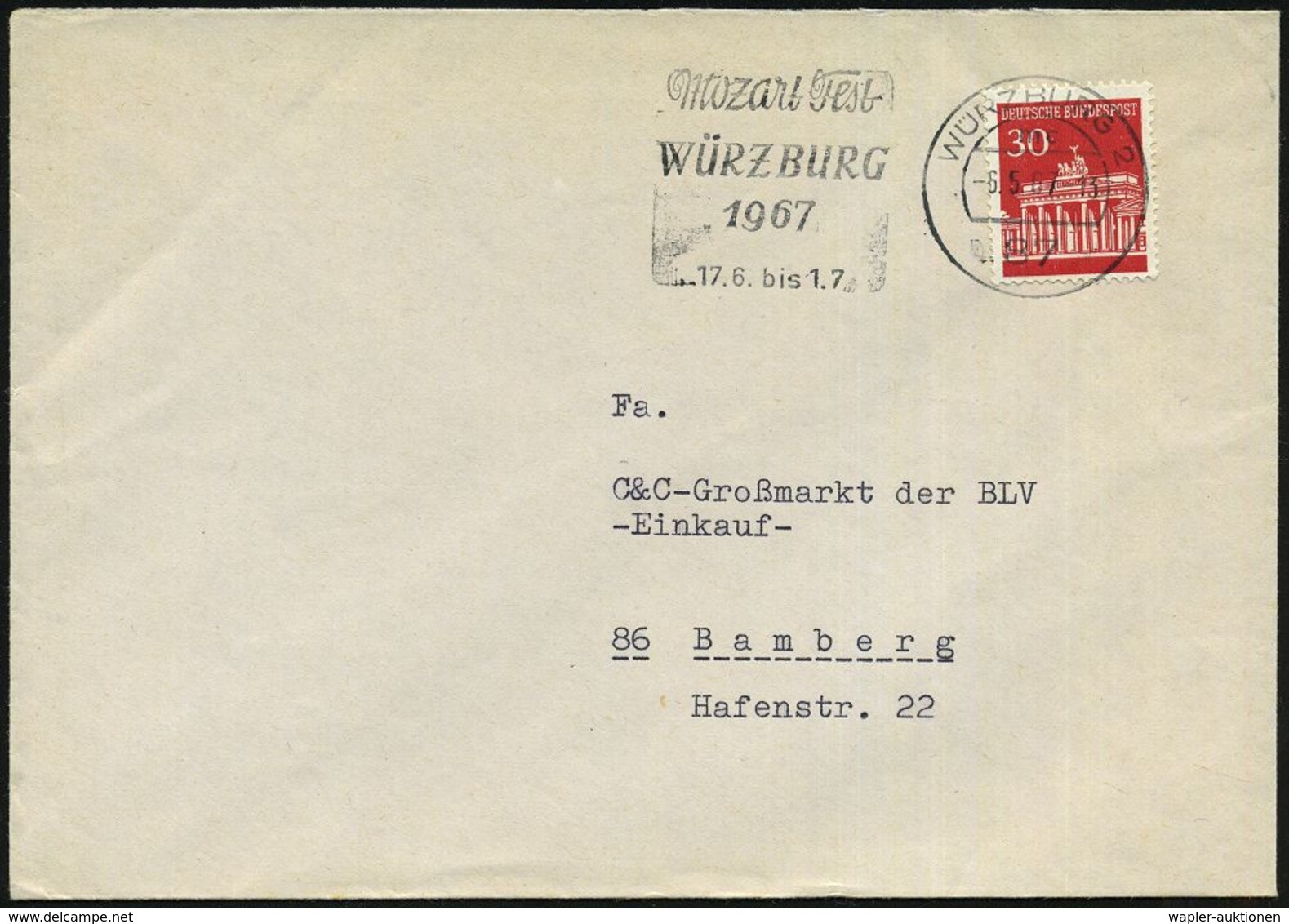 87 WÜRZBURG 2/ Mc/ Mozart Fest/ ..17.6.-1.7. 1967 (6.5.) MWSt Klar Auf Bedarfs-Bf. (Bo.66 A) - WOLFGANG AMADEUS MOZART - - Muziek