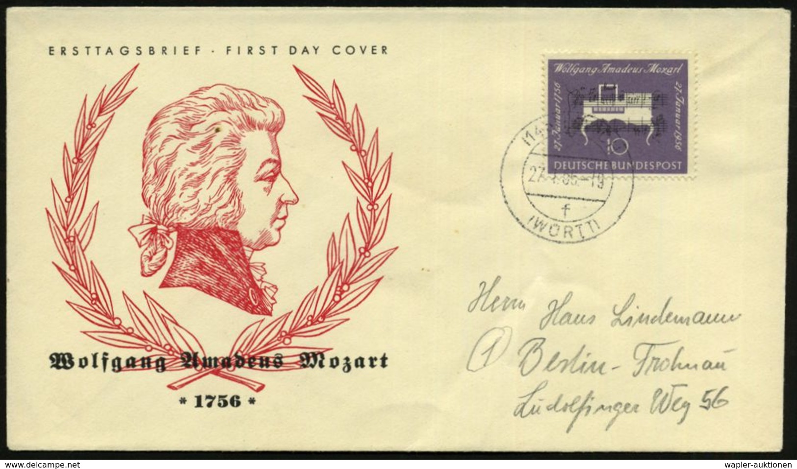 B.R.D. 1956 (27.1.) 10 Pf. "200. Geburtstag Mozart", EF Klar Gest. (Lorch,Württbg.) Bedarfs-FDC-SU. (Mi.228 EF, FDC + 32 - Musique