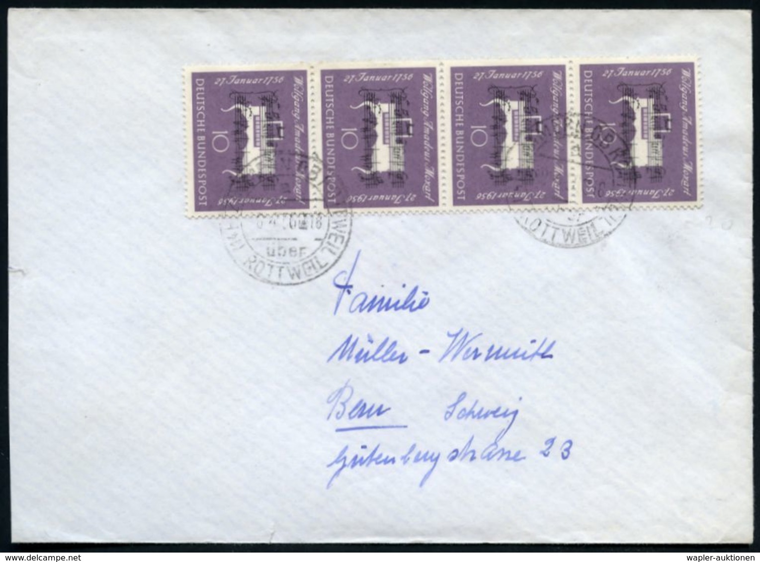 B.R.D. 1956 10 Pf. "W. A. Mozart", Reine MeF: 4er-Streifen , Portorichtiger Ausl.-Bf. (Mi.228, MeF) - WOLFGANG AMADEUS M - Muziek