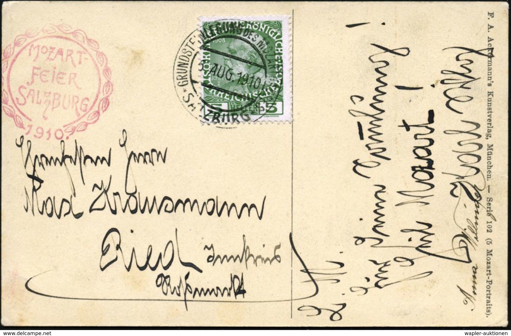 ÖSTERREICH 1910 (6.8.) SSt.: SALZBURG/GRUNDSTEINLEGUNG DES MOZARTHAUSES +  R O T E R  HdN: MOZART-/FEIER/ SALZBURG/1910, - Musik