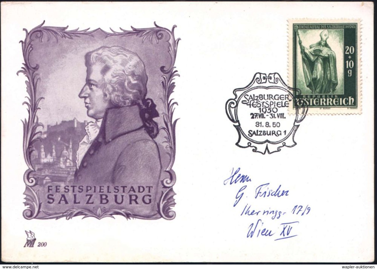 ÖSTERREICH 1950 (31.8.) SSt: SALZBURG 1/SALZBURGER/FESTSPIELE/1950 (in Form Eines Spiegels) Auf EF 20 G.+ 10 G. Salzburg - Muziek