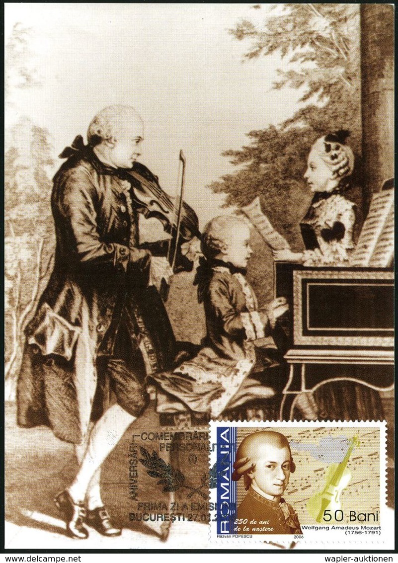 RUMÄNIEN 2006 (27.1.) 50 B. "250. Geburtstag W.A.Mozart" + ET-SSt. (BUCURESTI), Ersttags-Maximumkt.  - WOLFGANG AMADEUS  - Musica