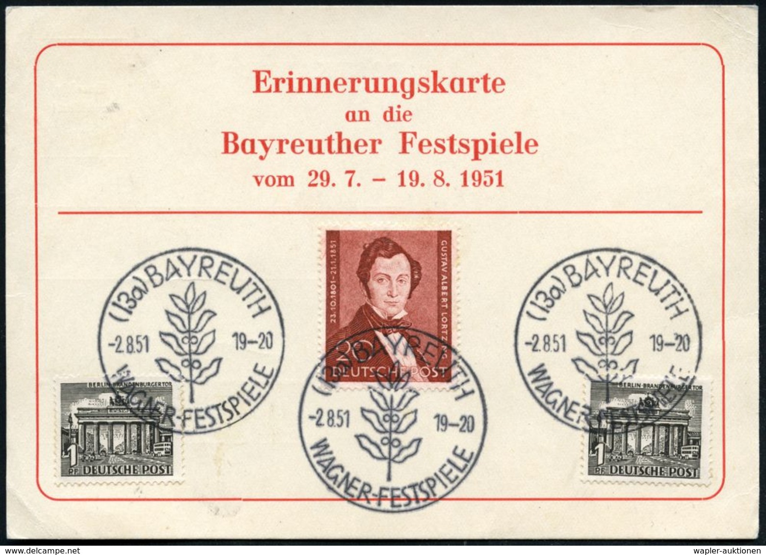 (13a) BAYREUTH/ WAGNER-FESTSPIELE 1951 (2.8.) SSt (Lorbeerzweig) 2x Rs. Auf 20 Pf. Lortzing (Mi.74 U.a., + 100.- EUR) Be - Muziek