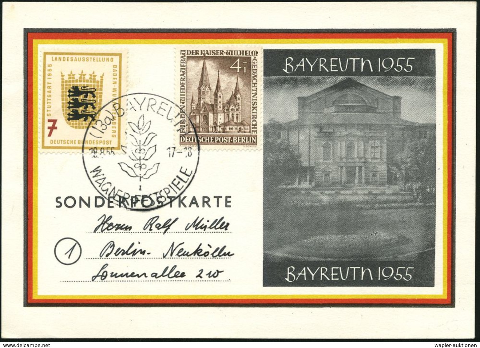 (13a) BAYREUTH/ WAGNER- FESTSPIELE 1955 (18.8.) SSt (Lorbeer) Klar Gest. Festspiel-Sonderkt. Mit Jahreszahl 1955: Festsp - Muziek