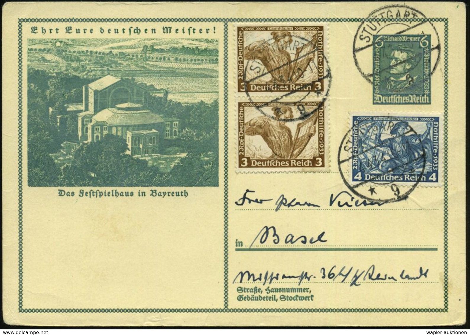 DEUTSCHES REICH 1934 (4.4.) 6 Pf.+ 4 Pf. Sonder-P. Richard Wagner, "Das Festspielhaus In Bayreuth" + Zusatzfrankatur Wag - Muziek