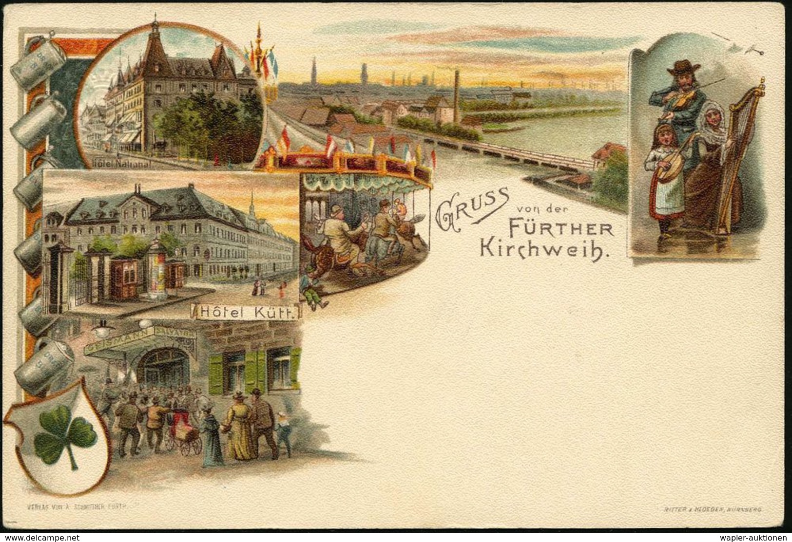 Fürth 1898 (21.3.) PP 5 Pf. Wappen Grün: FÜRTHER Kichweih = Musikanten Mit Harfe, Karussel, Bierkrüge (u. Hotels, Regnit - Musica
